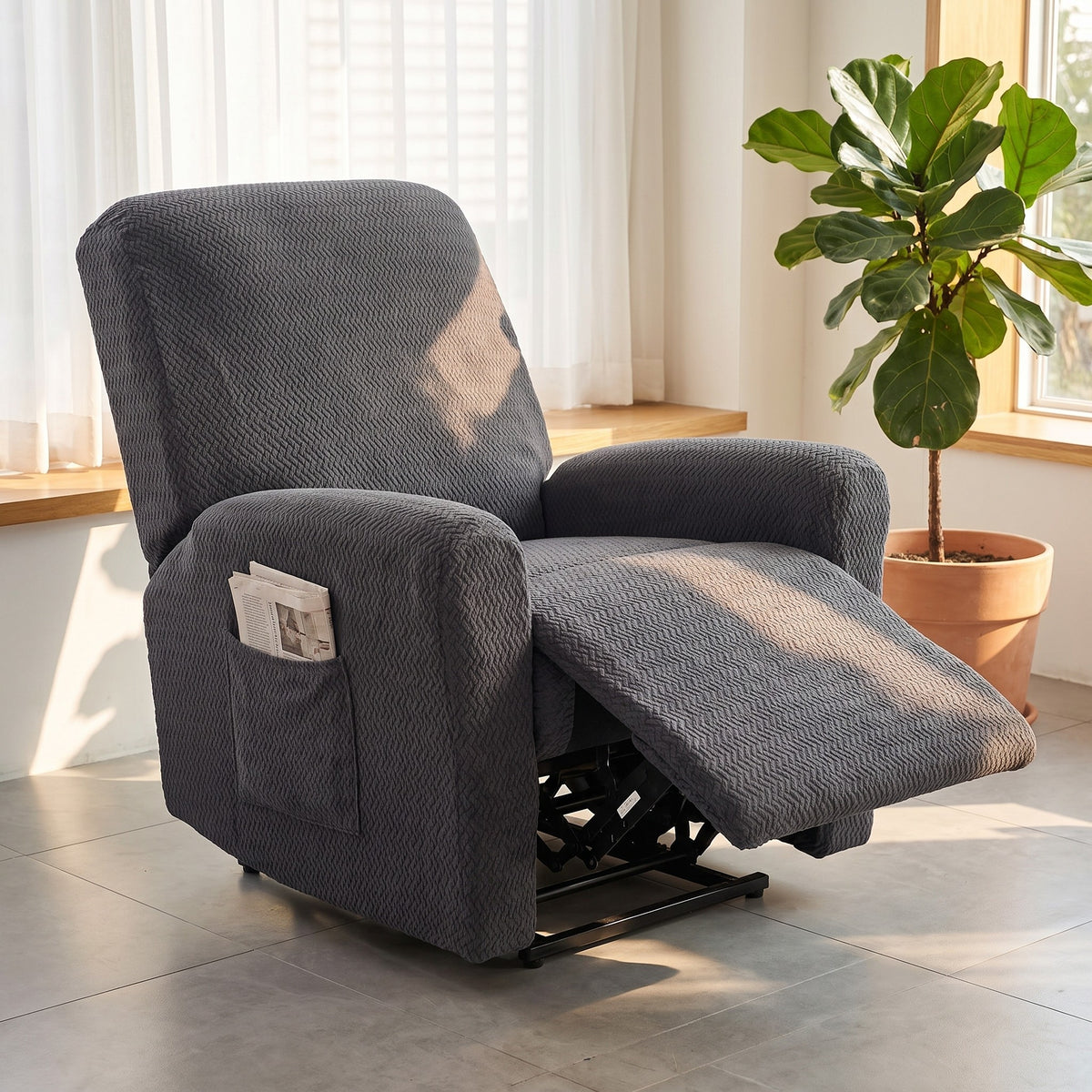 Recliner Chair Cover in Charcoal on a recliner, a pocket on the arm