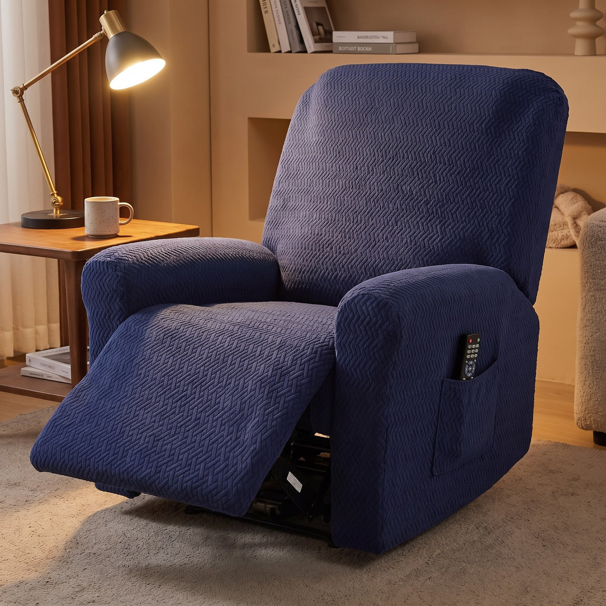 Recliner Chair Cover in Navy on a recliner in a lived in room