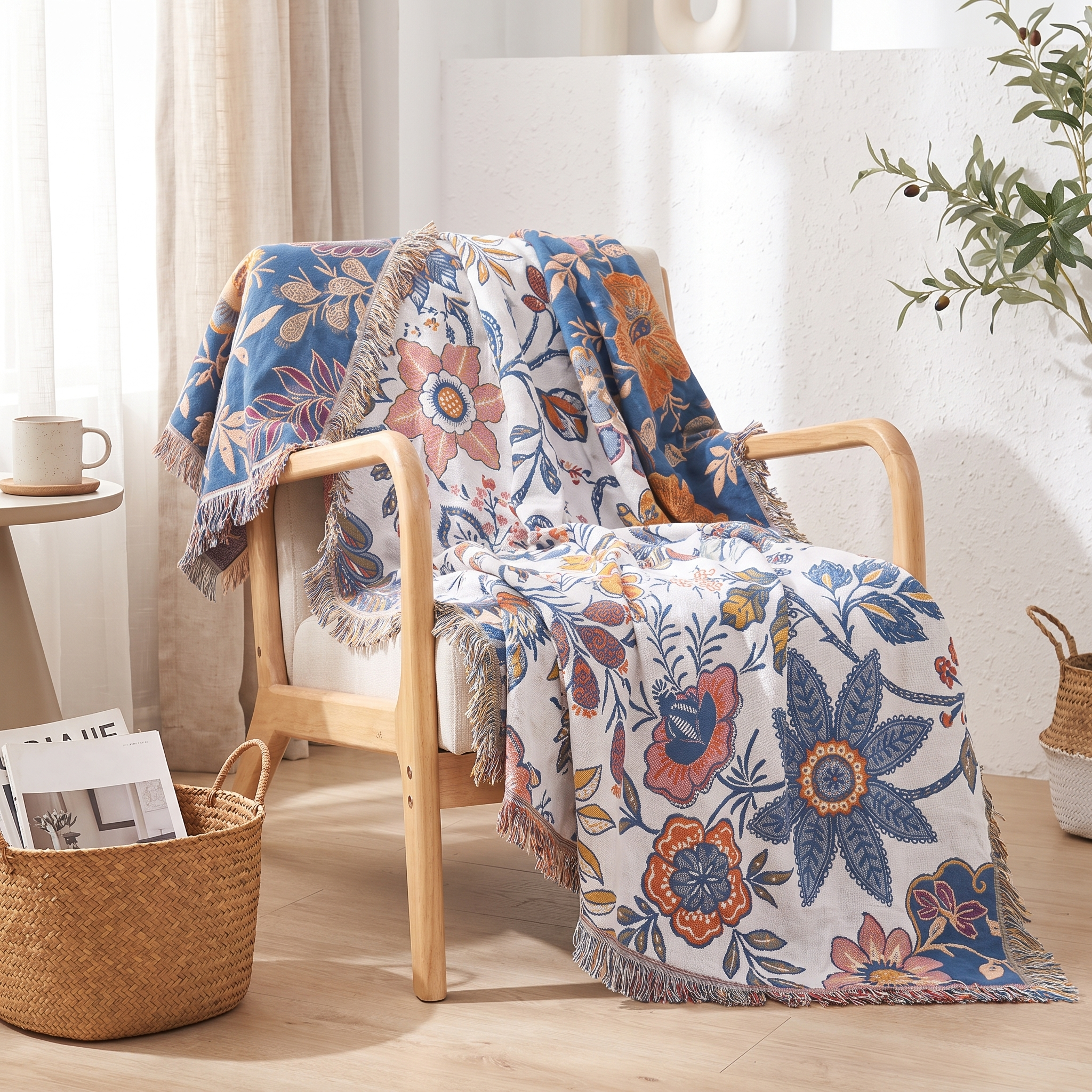 Rustic Floral Jacquard Throw Blanket, Reversible Cotton