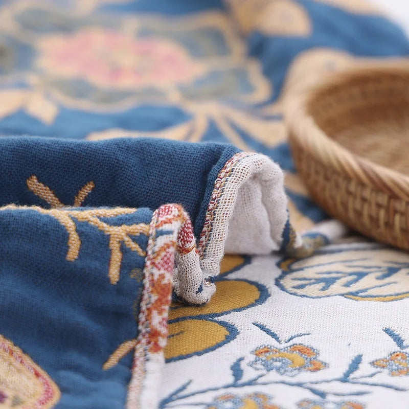 Rustic Floral Jacquard Throw Blanket, Reversible Cotton