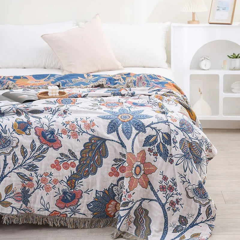Rustic Floral Jacquard Throw Blanket, Reversible Cotton