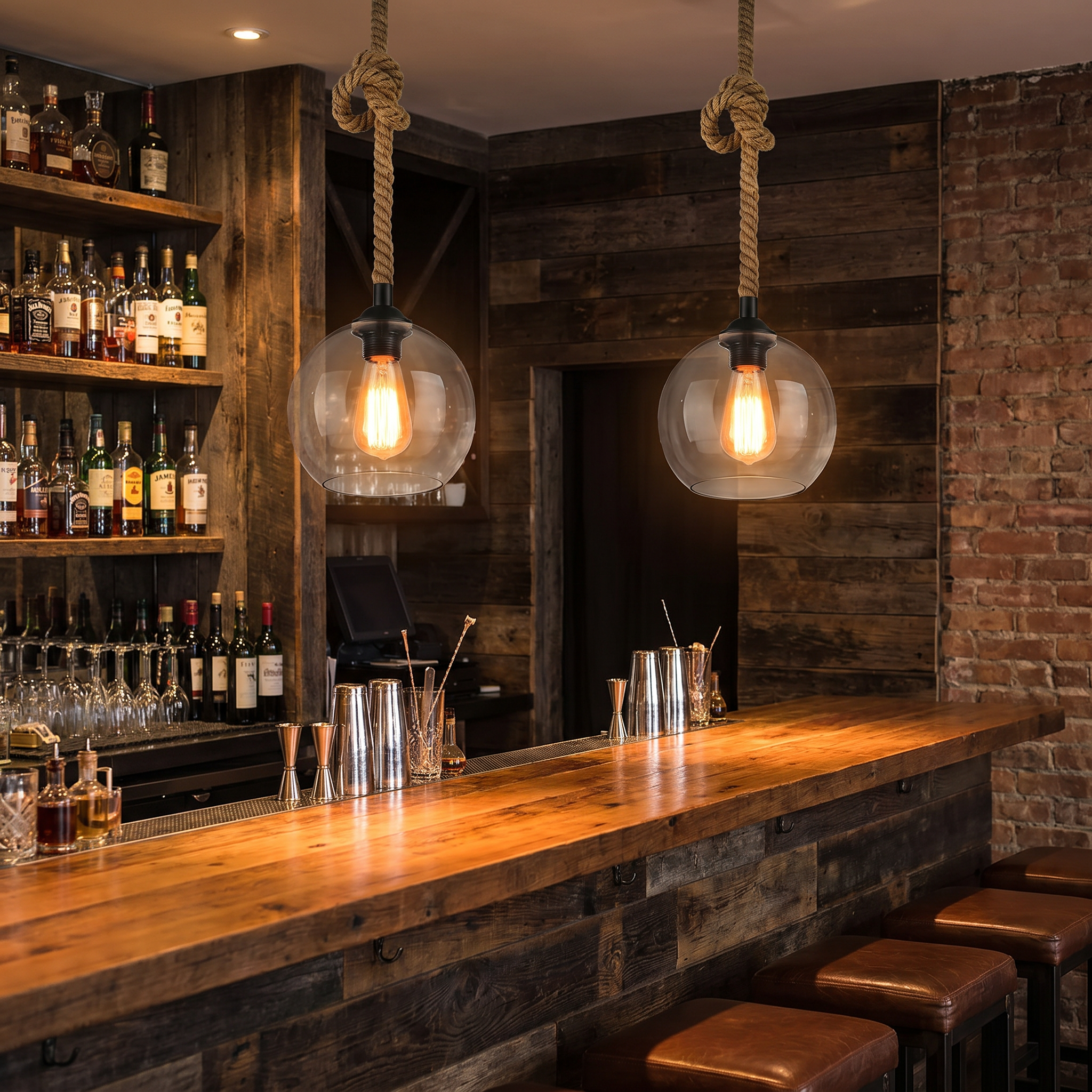 Rope Glass Globe Pendant Light, E26, Amber or Clear, Two Sizes, 100-240V
