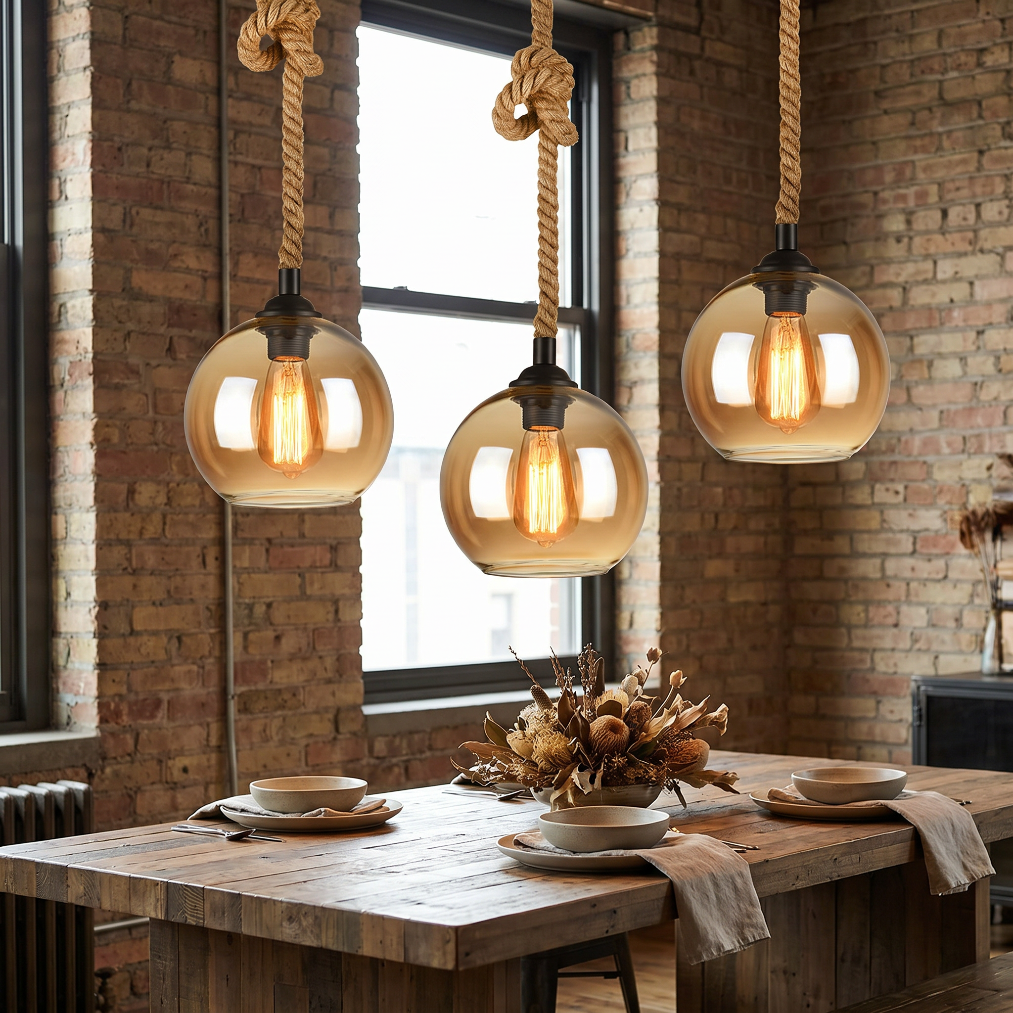 Rope Glass Globe Pendant Light, E26, Amber or Clear, Two Sizes, 100-240V