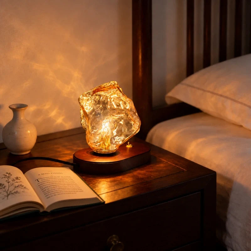 Ribe table lamp beside a bed with an open book and a small vase