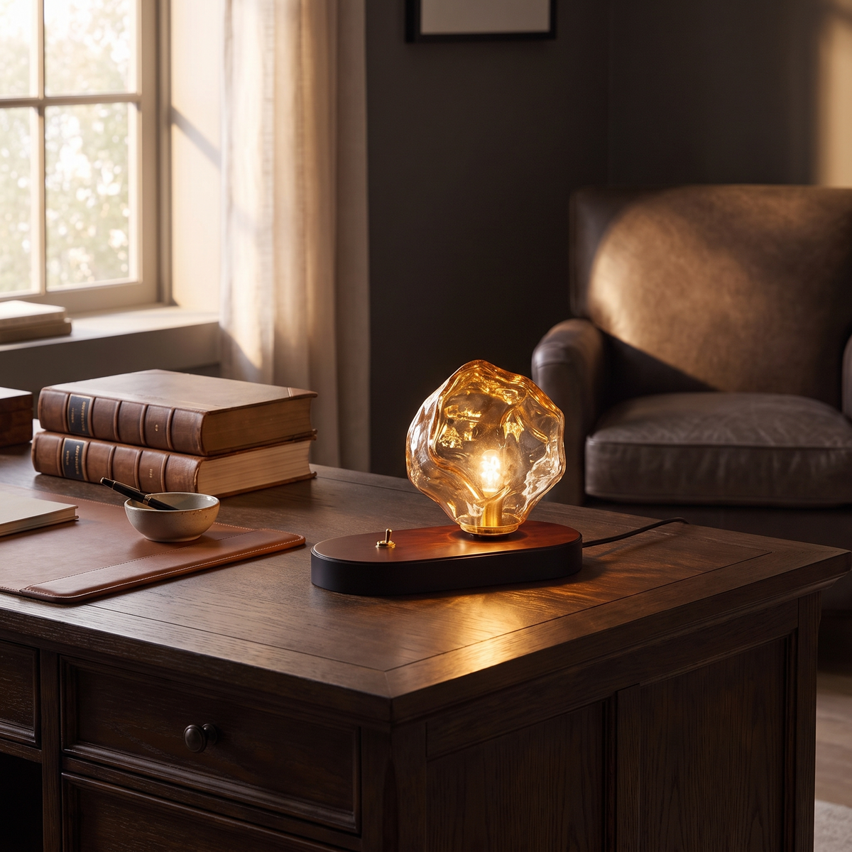 Ribe lamp lit on a dark wood desk with its toggle switch in front