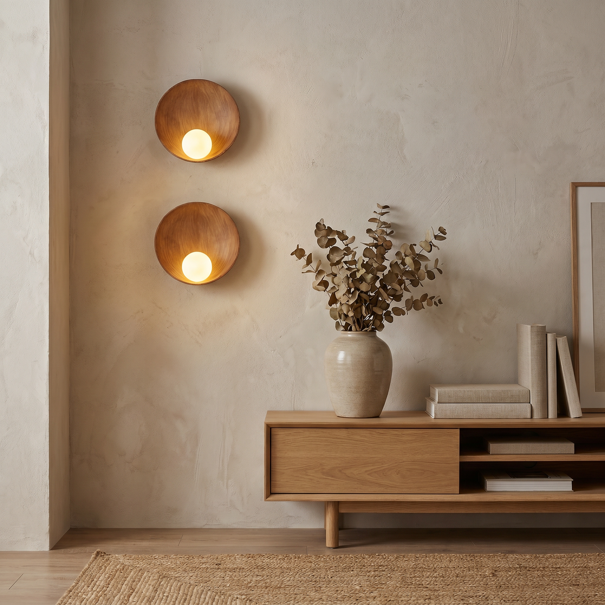 Round Iron Resin Wall Sconce, G4, White or Wood Color, 100-240V