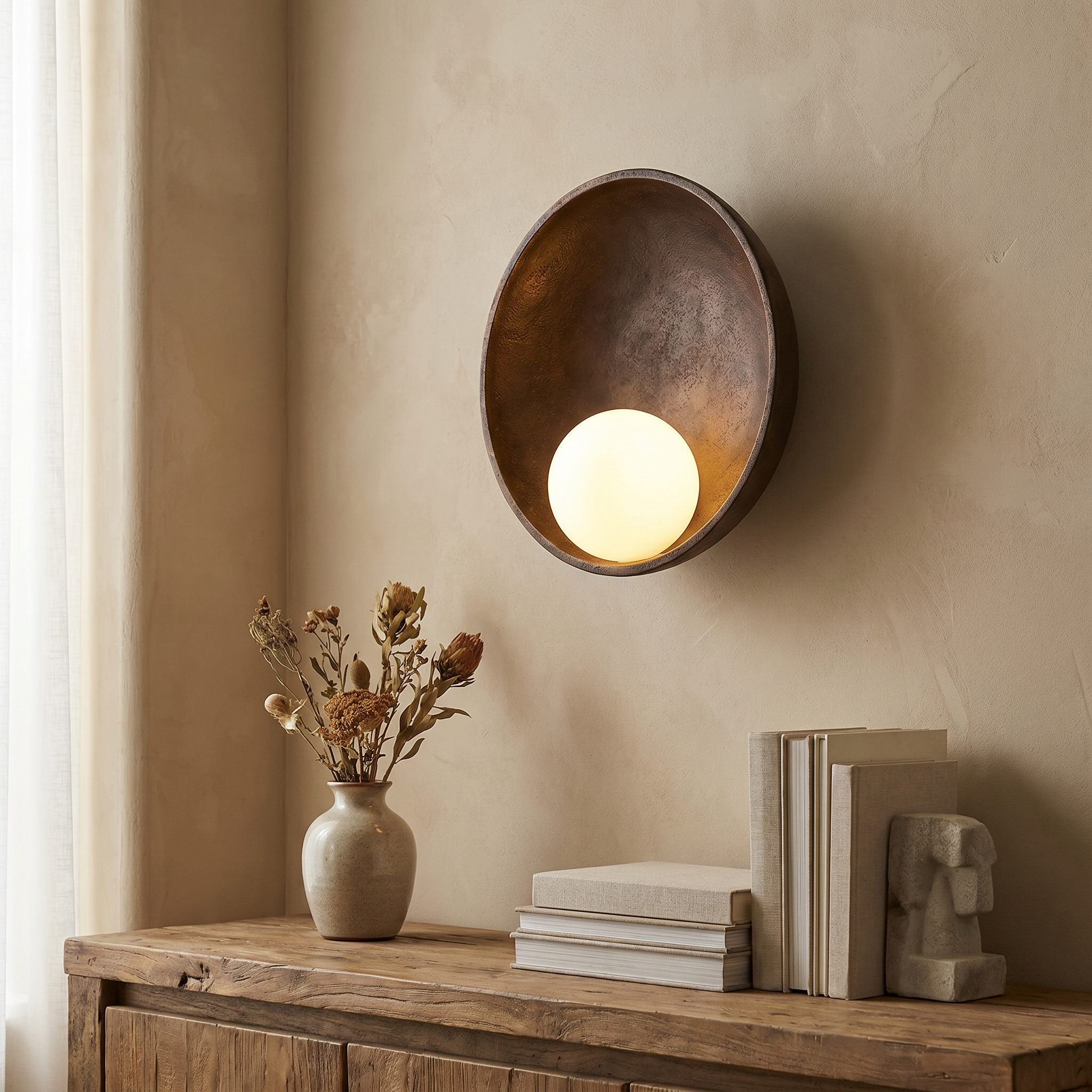 Round Iron Resin Wall Sconce, G4, White or Wood Color, 100-240V