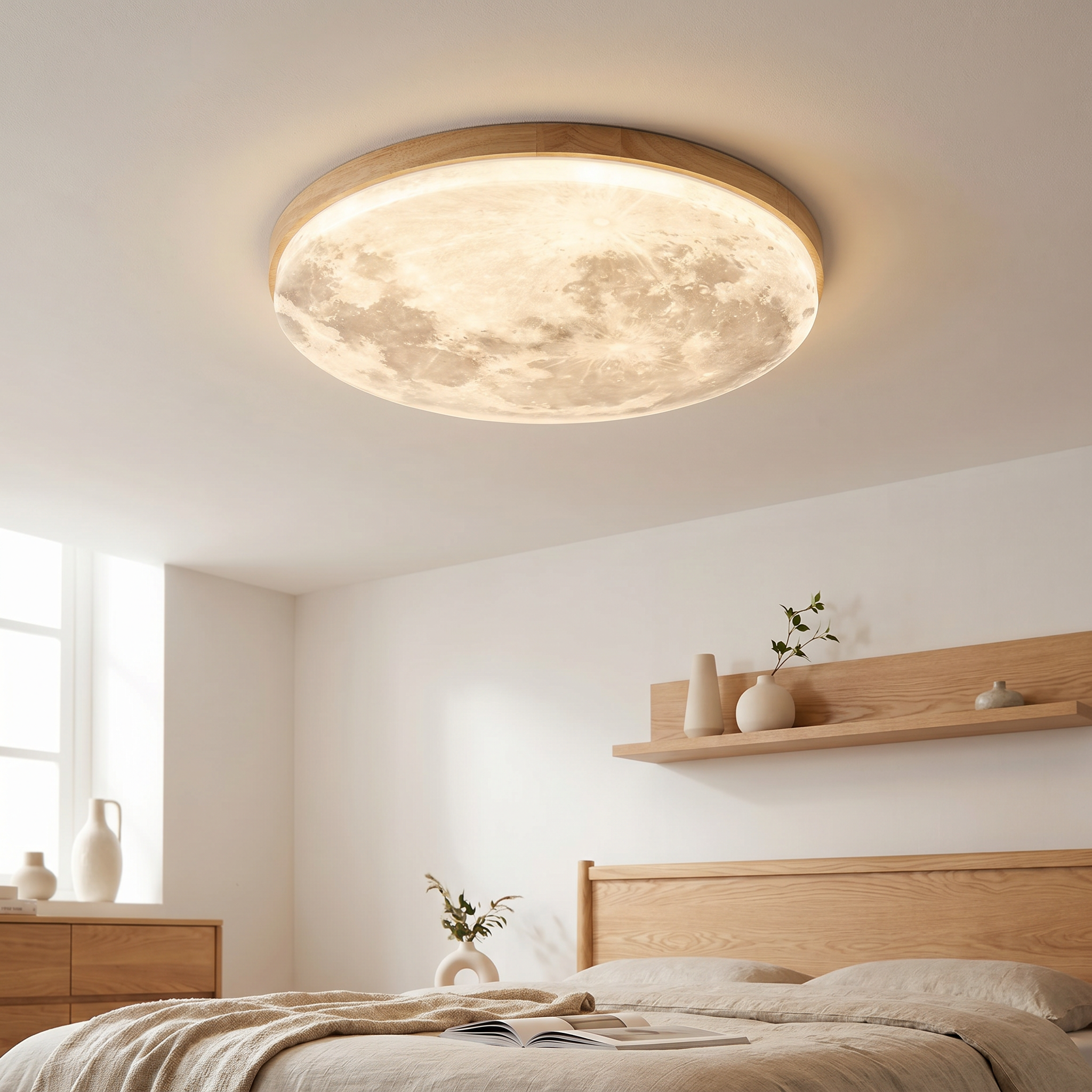 Round LED Flush Mount Ceiling Light, Wood and PVC, 3 Sizes, 110-240V