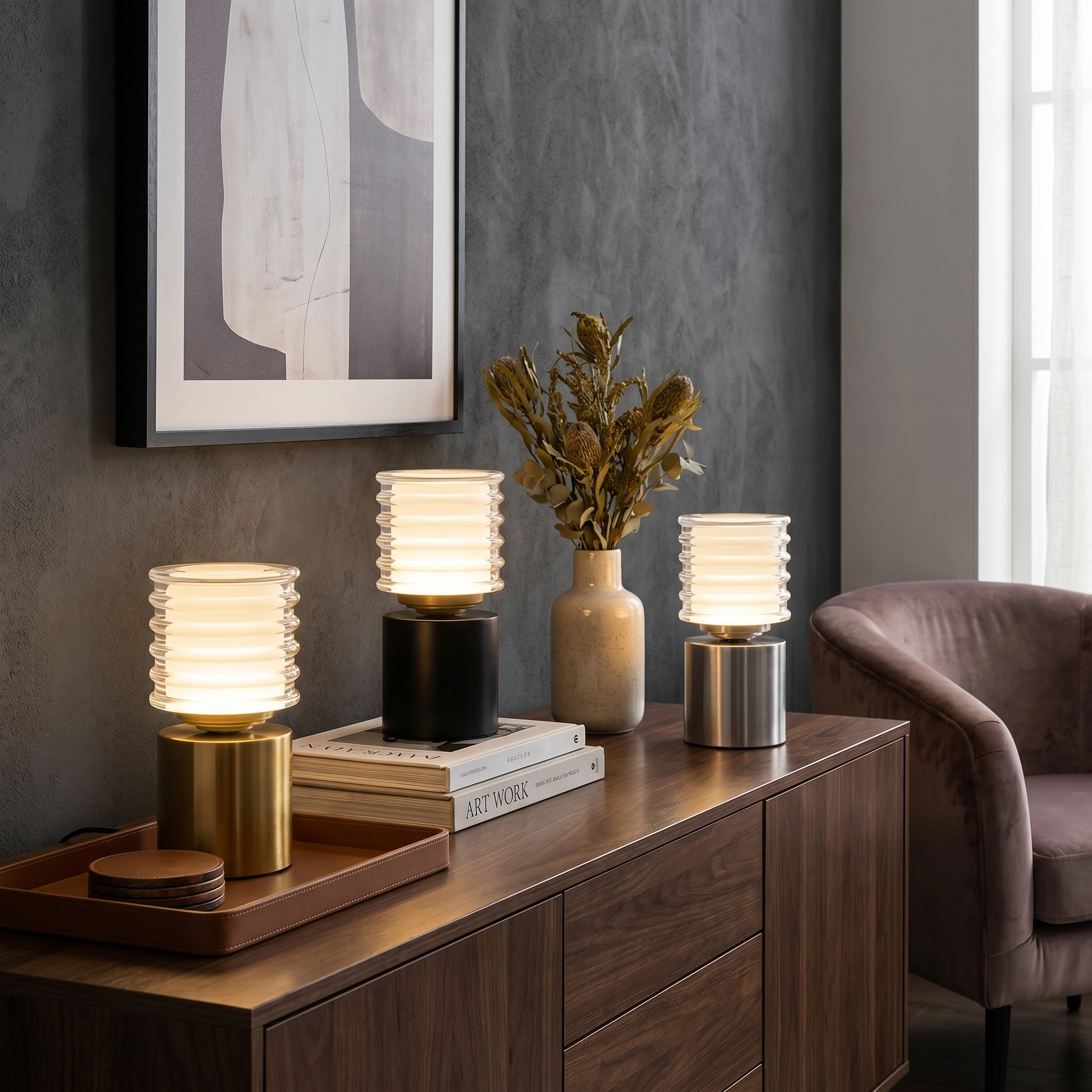 Rechargeable LED Table Lamp, Iron and Acrylic, Touch Dimmer, Three Colors
