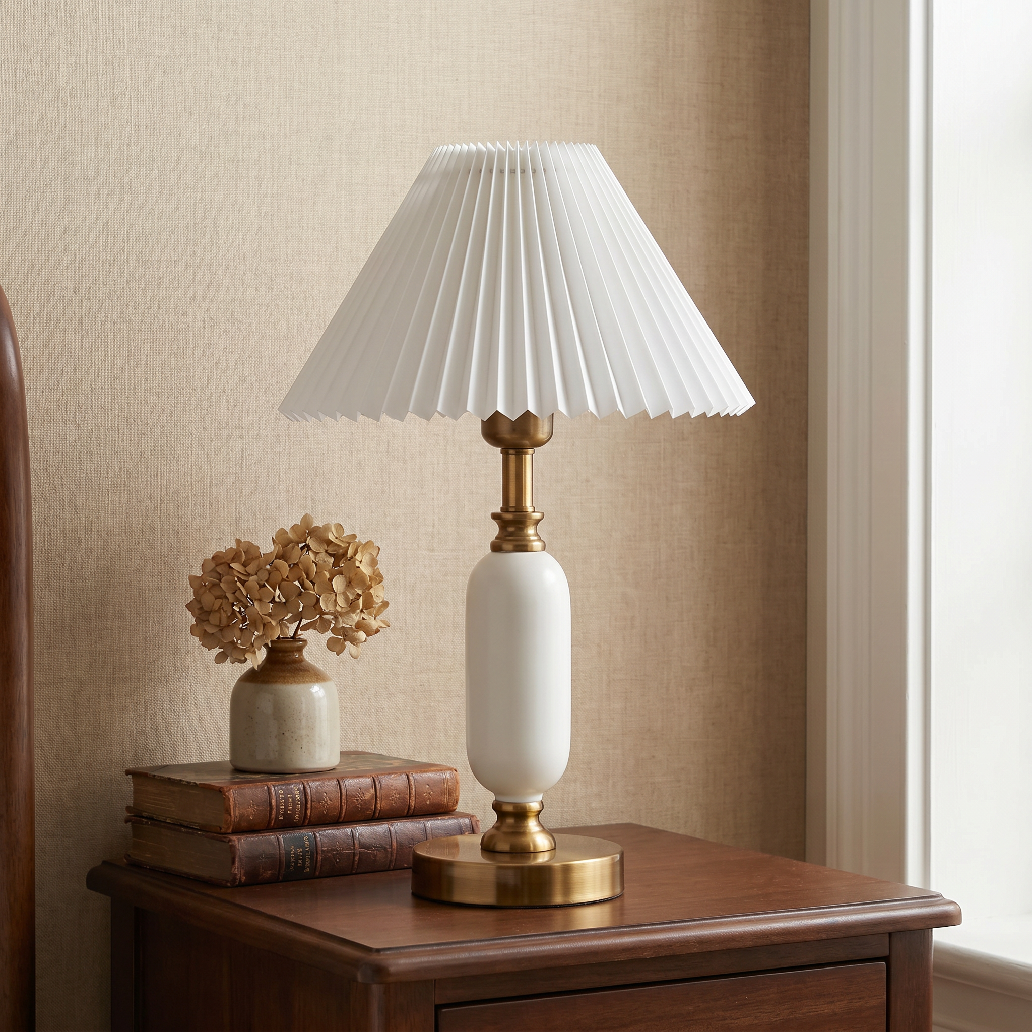 Retro Pleated Shade Column Table Lamp, E12, Six Color Combos, Plug-In