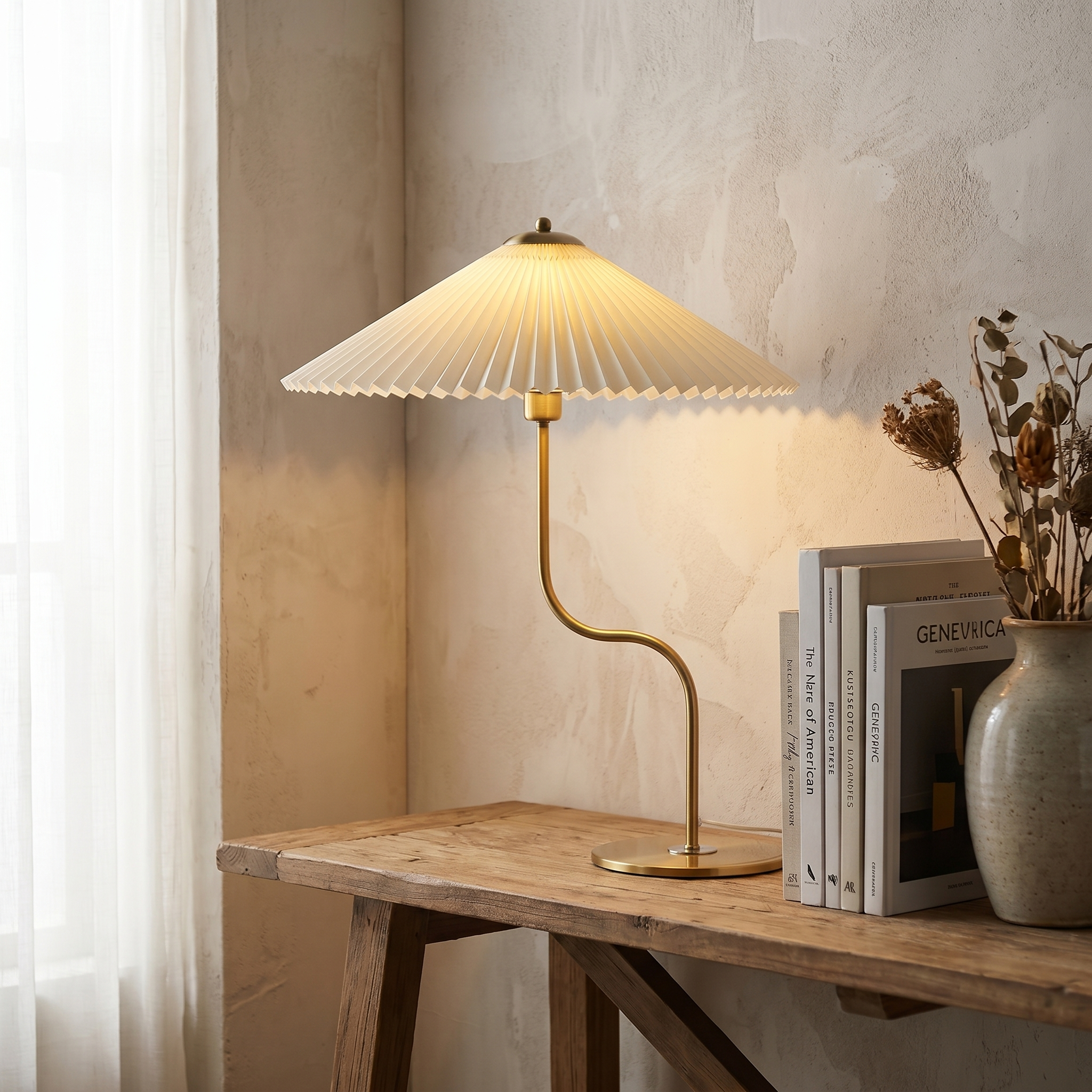 Retro Pleated Umbrella Table Lamp, Fabric Shade, Five Colors