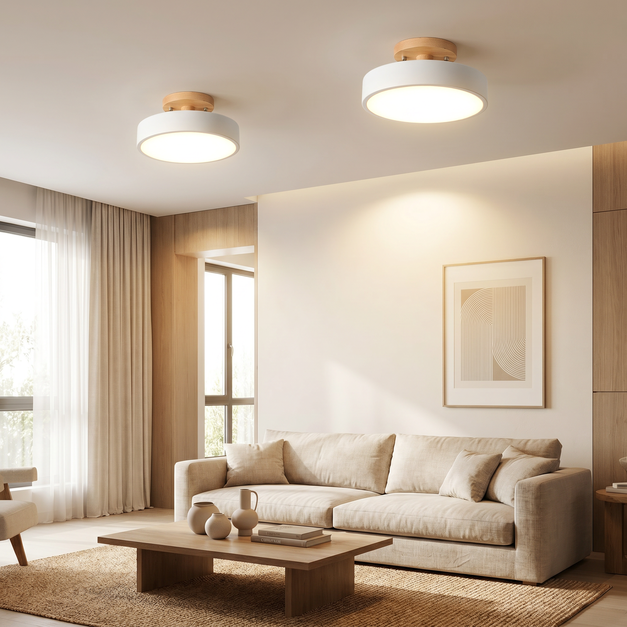 Round Wood LED Semi-Flush Ceiling Light, 3 Sizes, 5 Colors, 110-240V