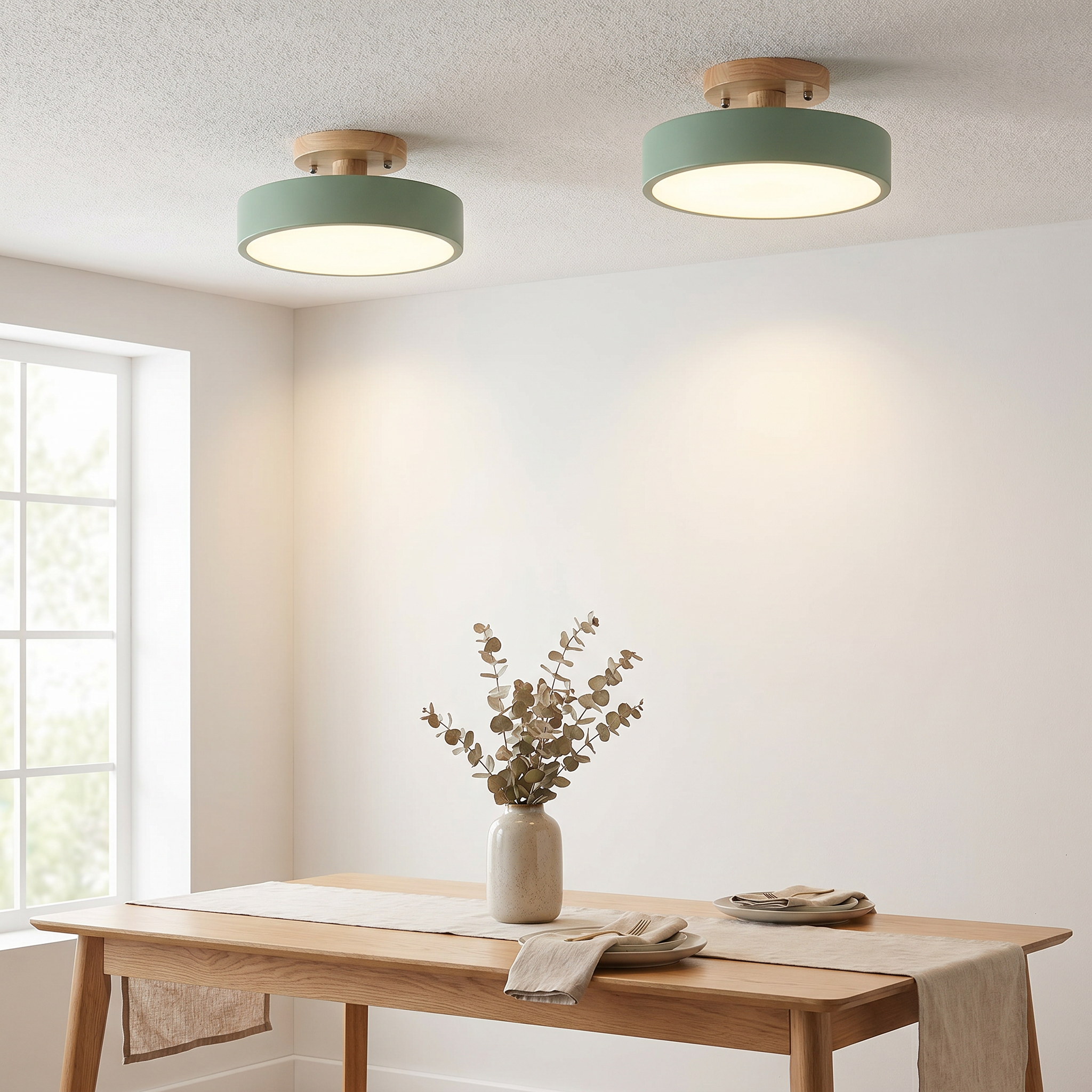 Round Wood LED Semi-Flush Ceiling Light, 3 Sizes, 5 Colors, 110-240V