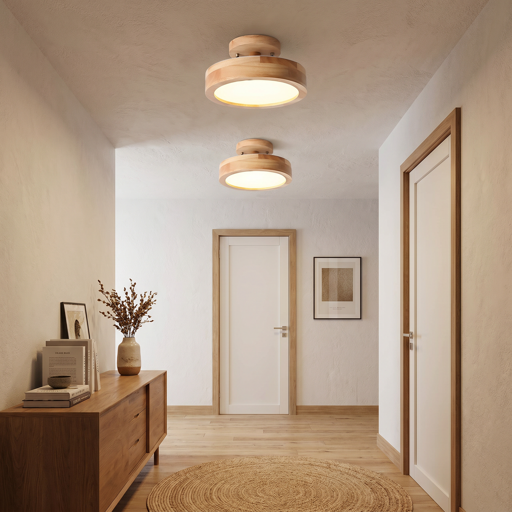 Round Wood LED Semi-Flush Ceiling Light, 3 Sizes, 5 Colors, 110-240V