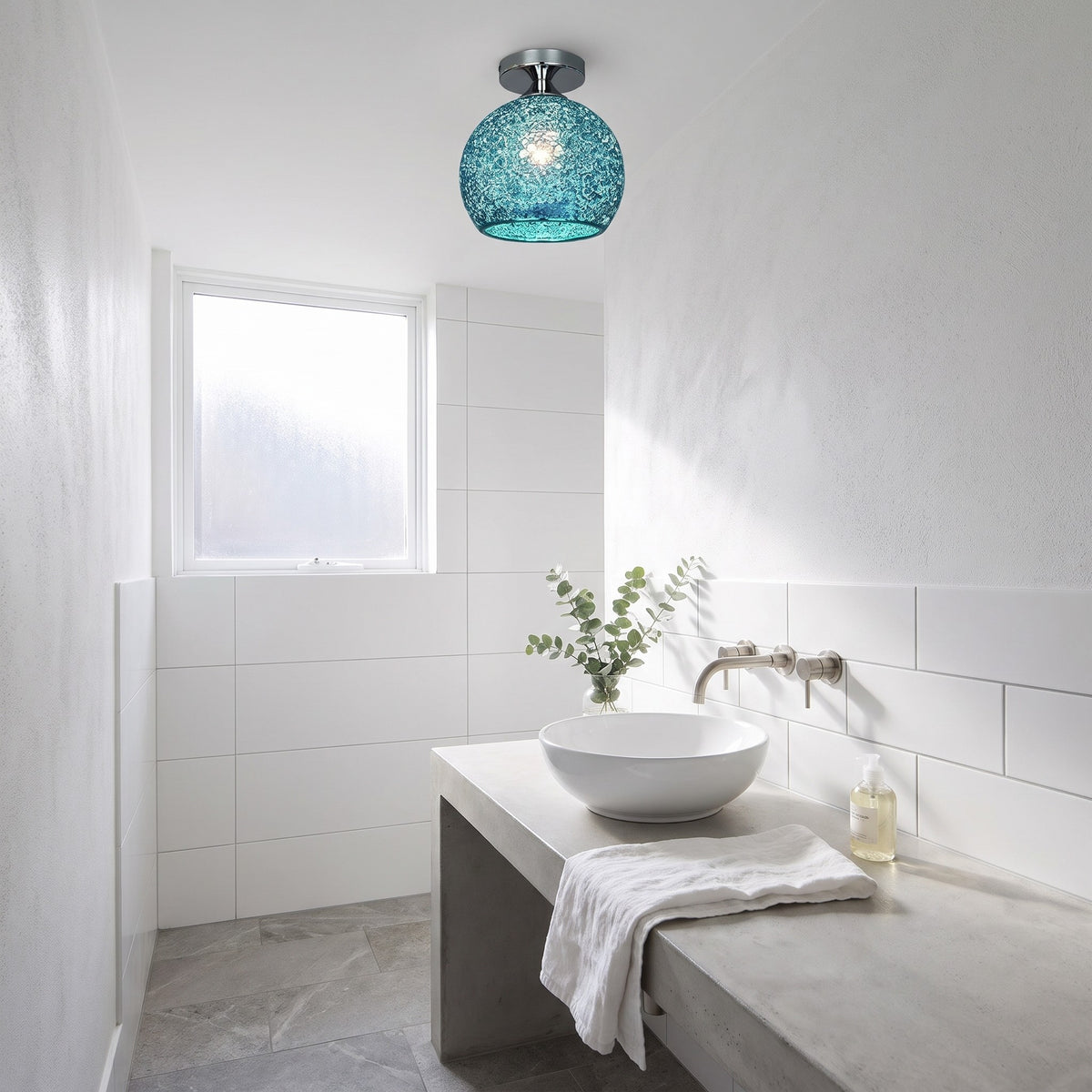 Blue Saara wire dome ceiling light in a white bathroom