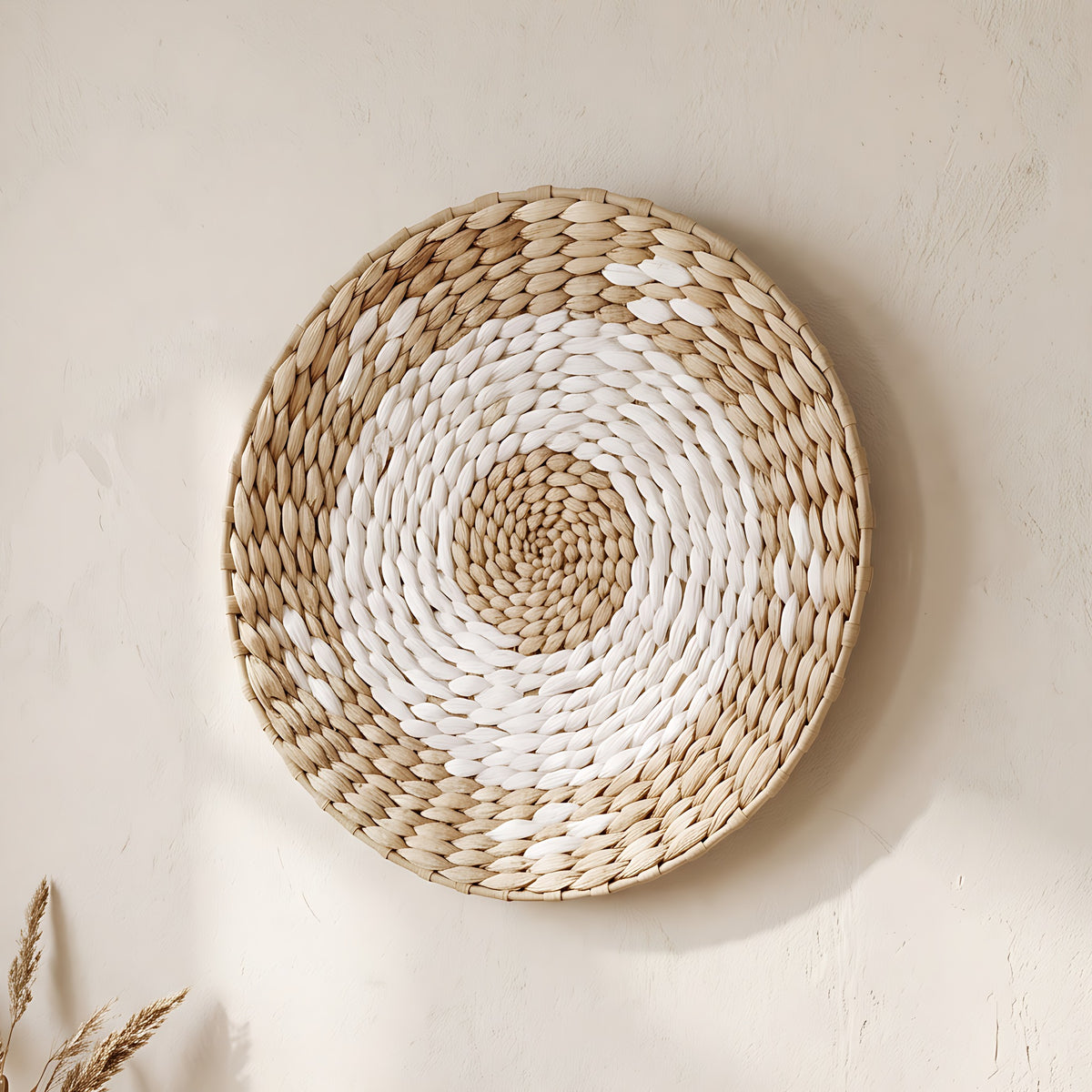 Sanne seagrass wall basket, natural with a white ring, hung on a cream wall