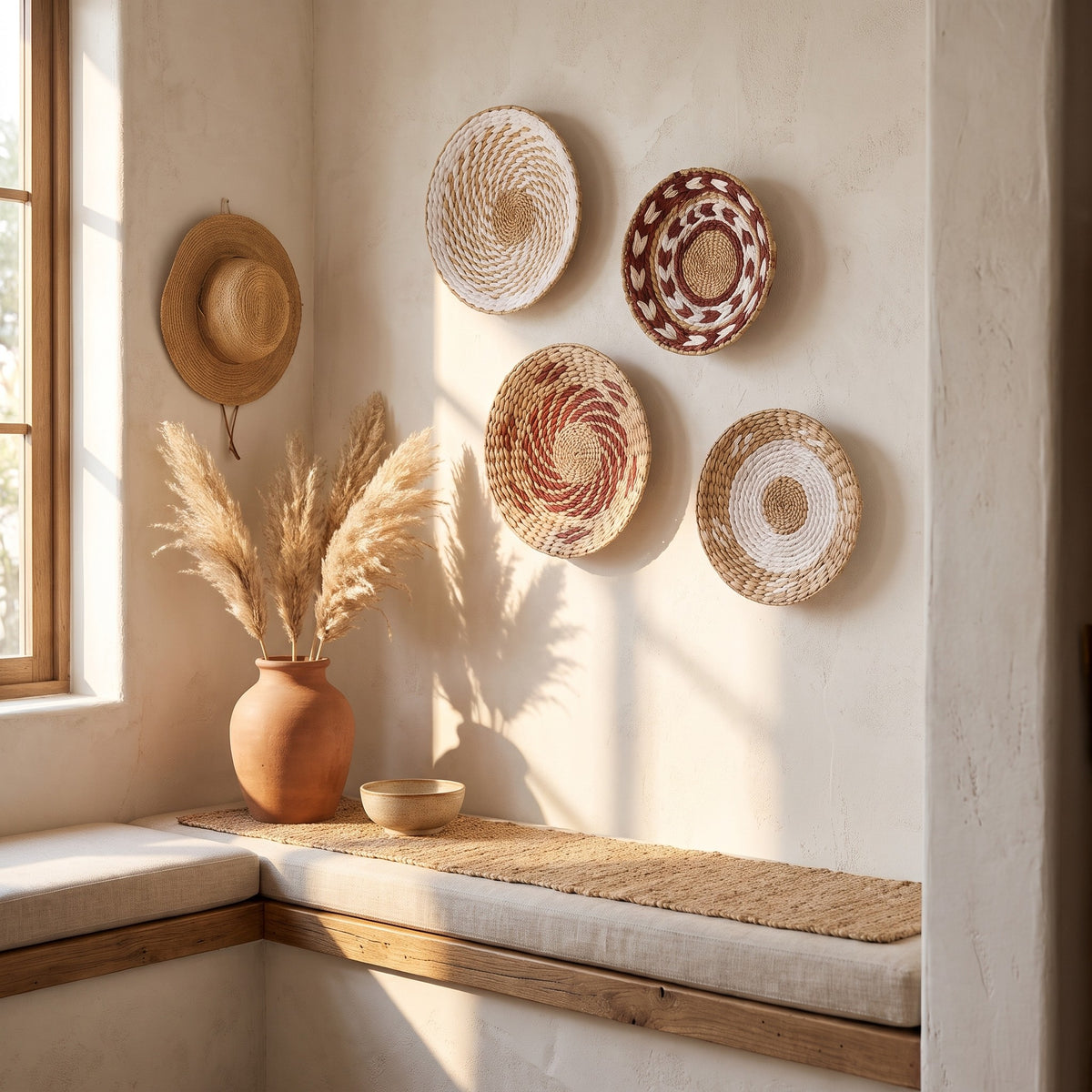 Sanne seagrass wall baskets in mixed designs above a window seat