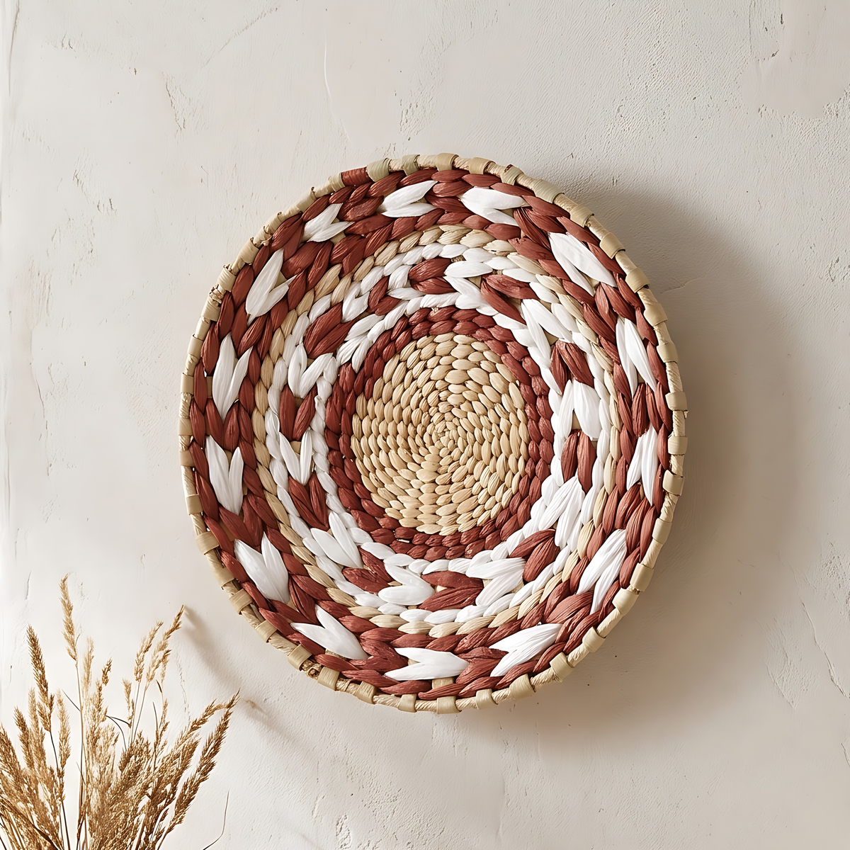 Sanne seagrass wall basket in Rust and White, 7.9", on a warm white limewash wall