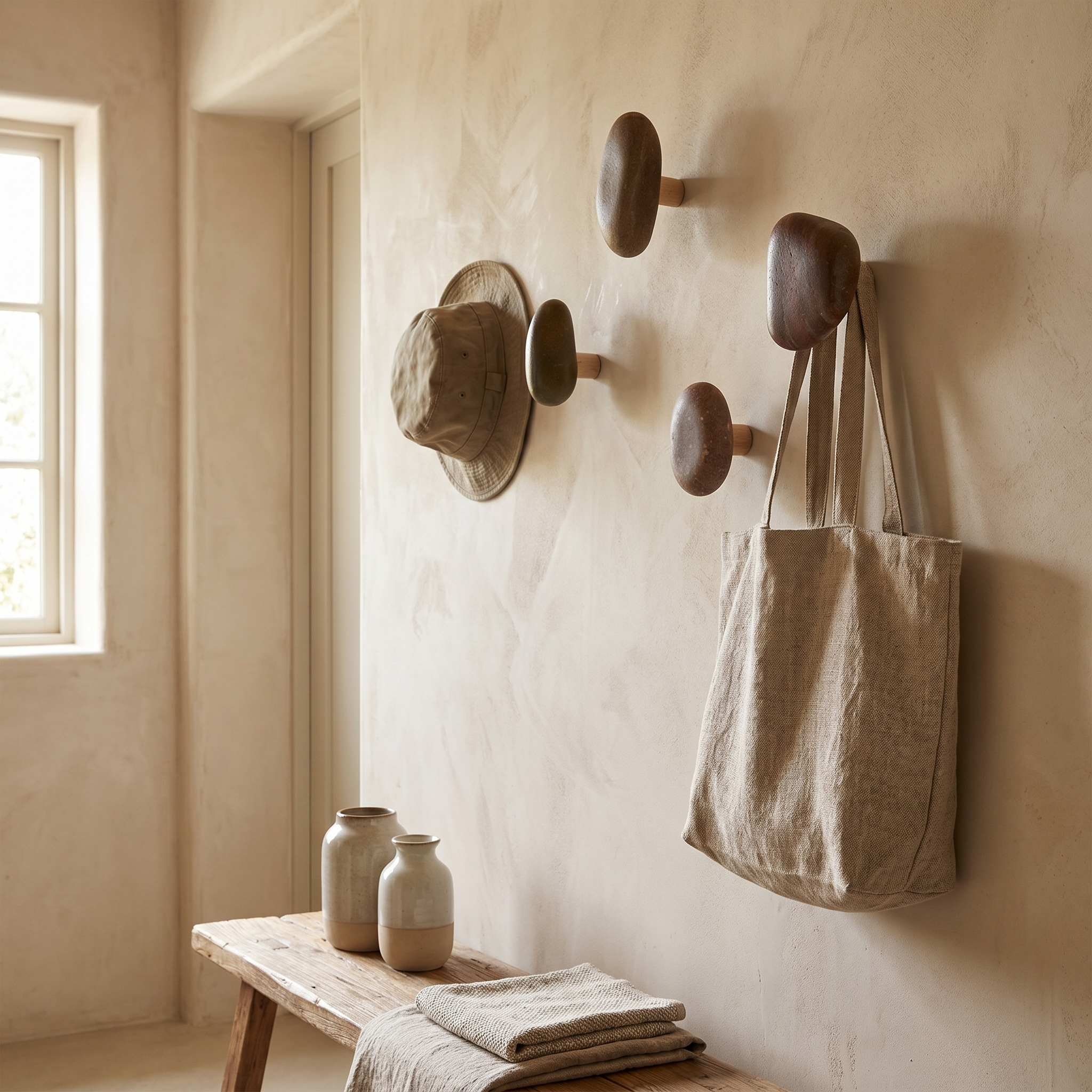 Stone and Wood Wall Hooks, 4-Piece Set, Random Colors and Shapes