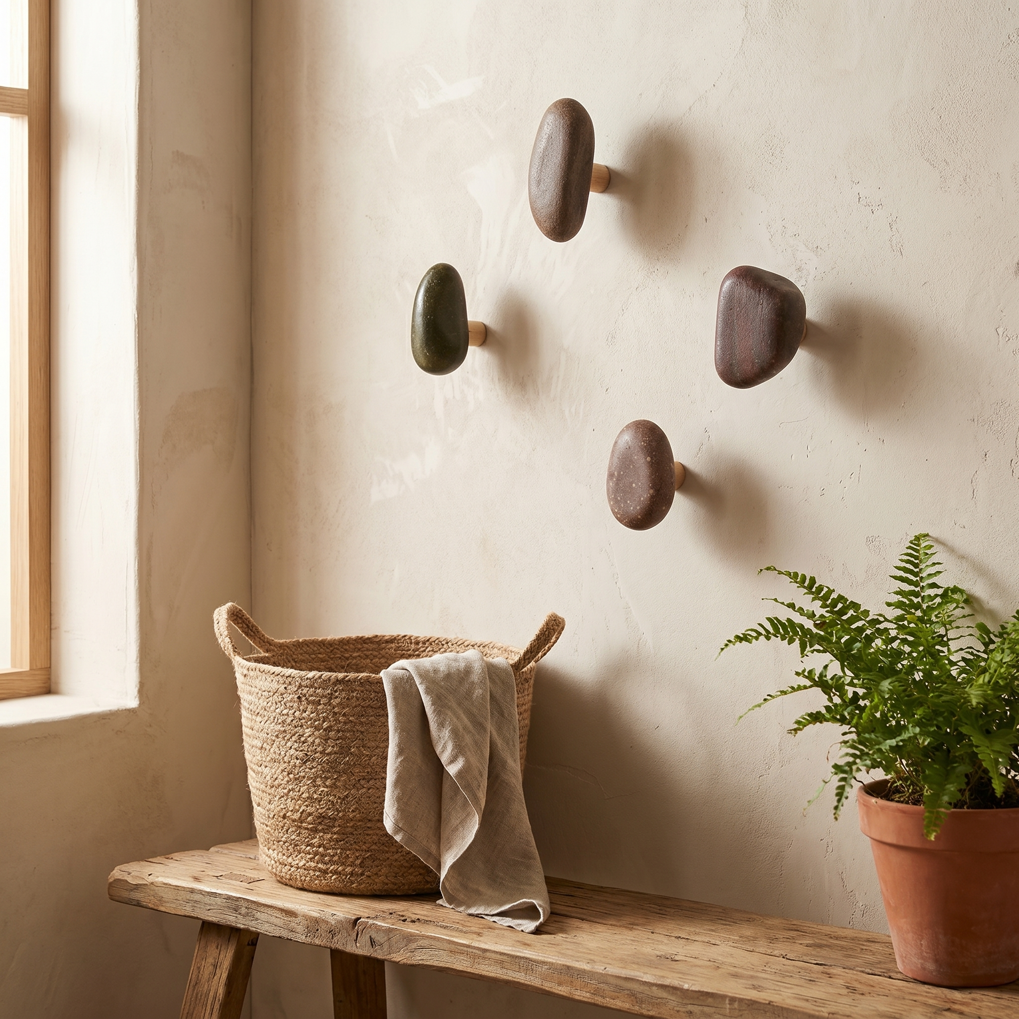 Stone and Wood Wall Hooks, 4-Piece Set, Random Colors and Shapes