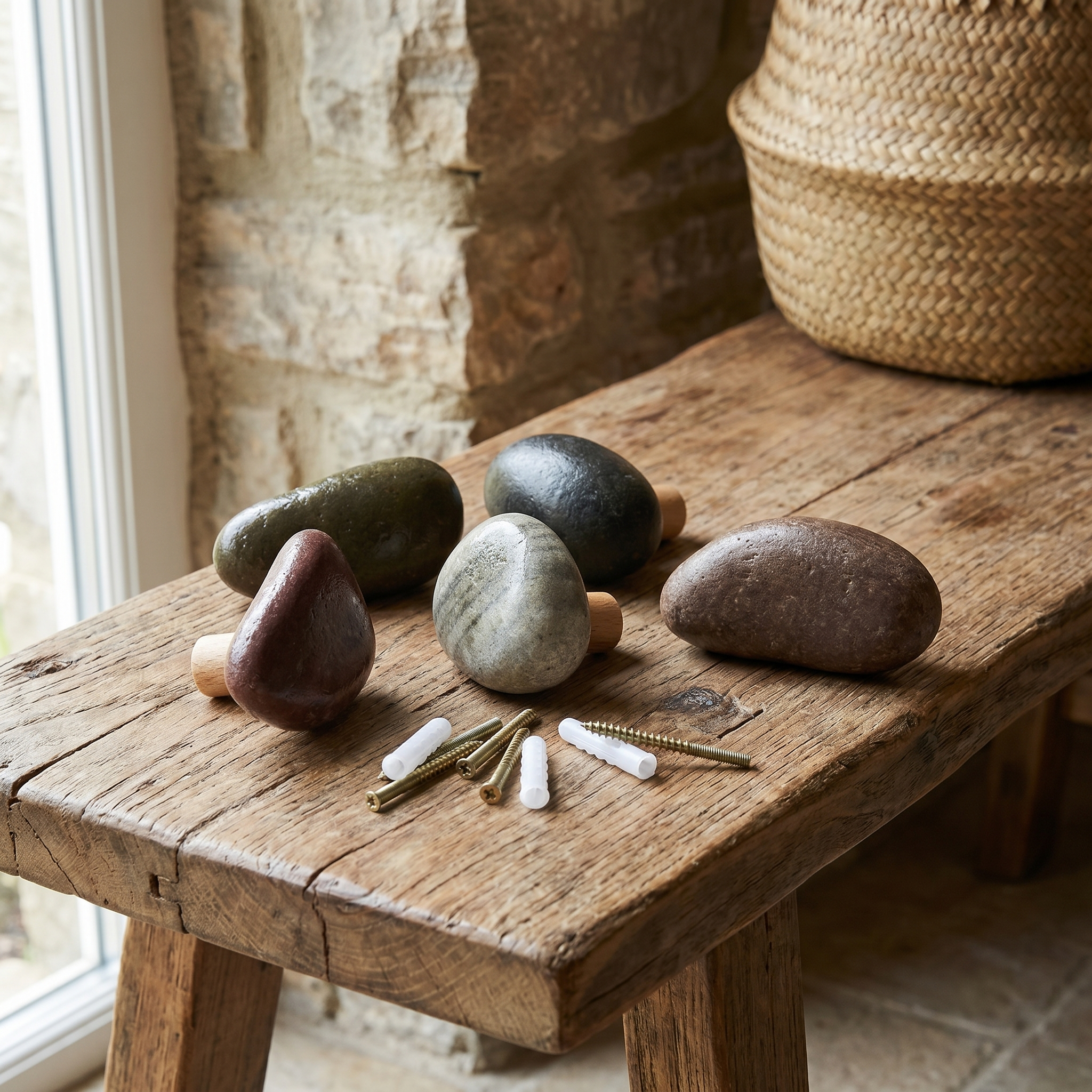 Stone and Wood Wall Hooks, 4-Piece Set, Random Colors and Shapes