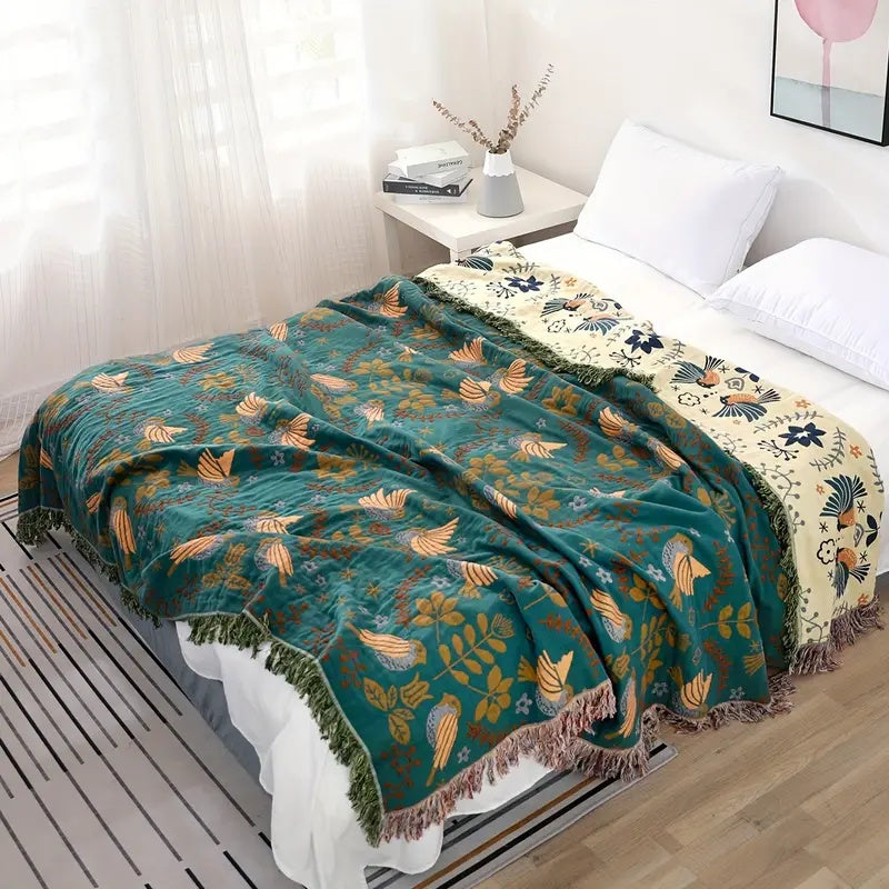 Reversible Throw Blanket, Nordic Bird Print, Fringed Cotton
