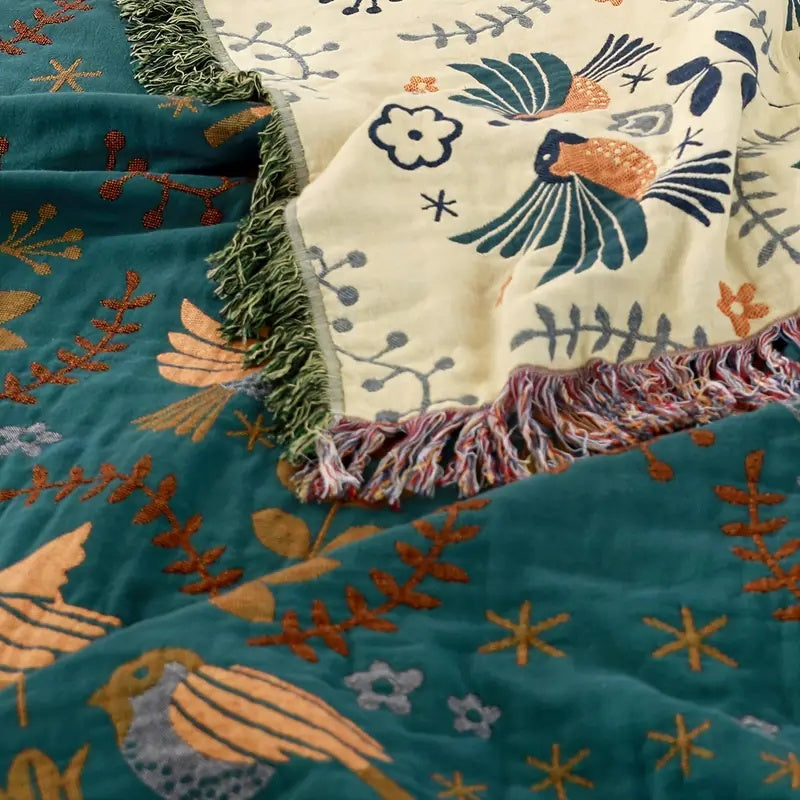 Reversible Throw Blanket, Nordic Bird Print, Fringed Cotton