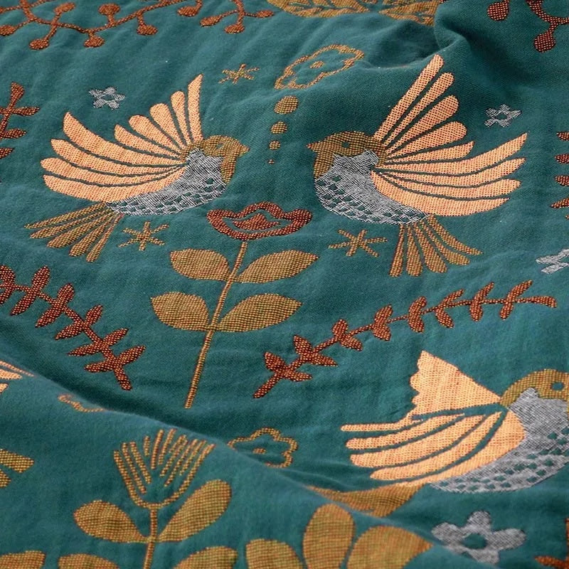 Reversible Throw Blanket, Nordic Bird Print, Fringed Cotton