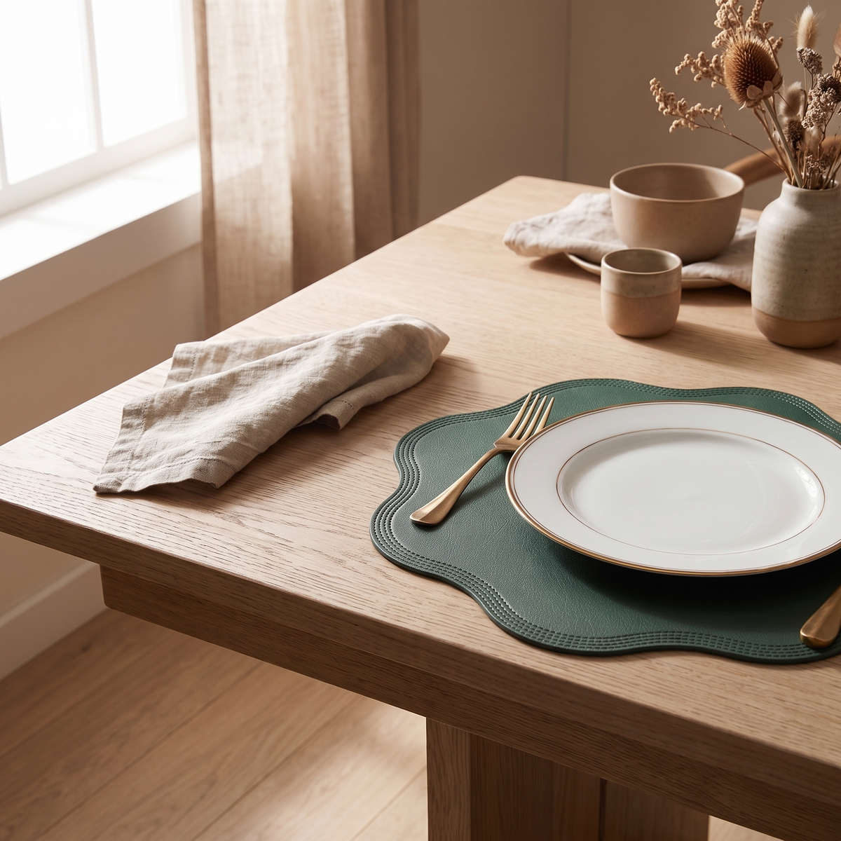 Close view of the scalloped edge and stitched border of a green placemat under a white plate