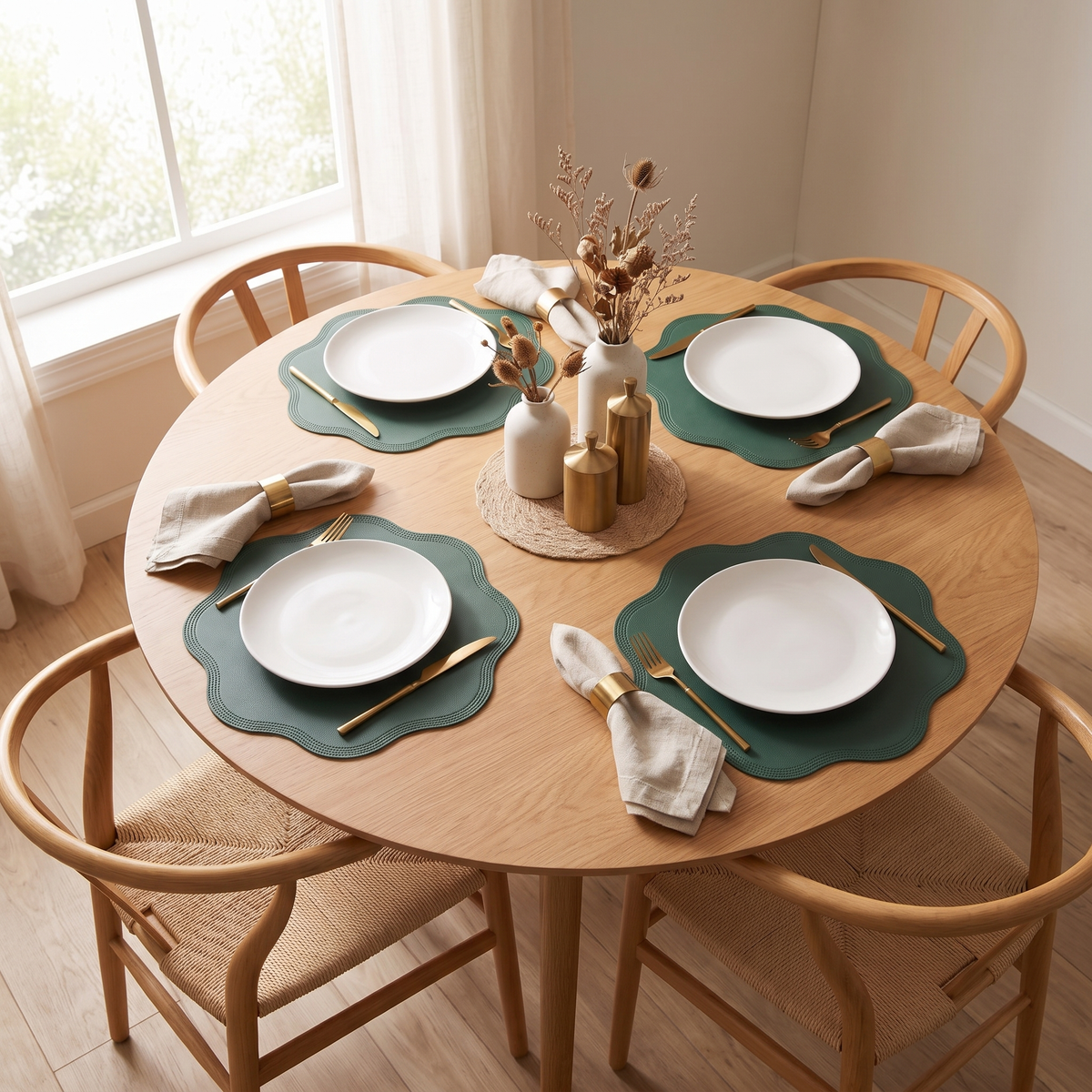 Four green scalloped placemats around a round oak table, each with a plate and napkin