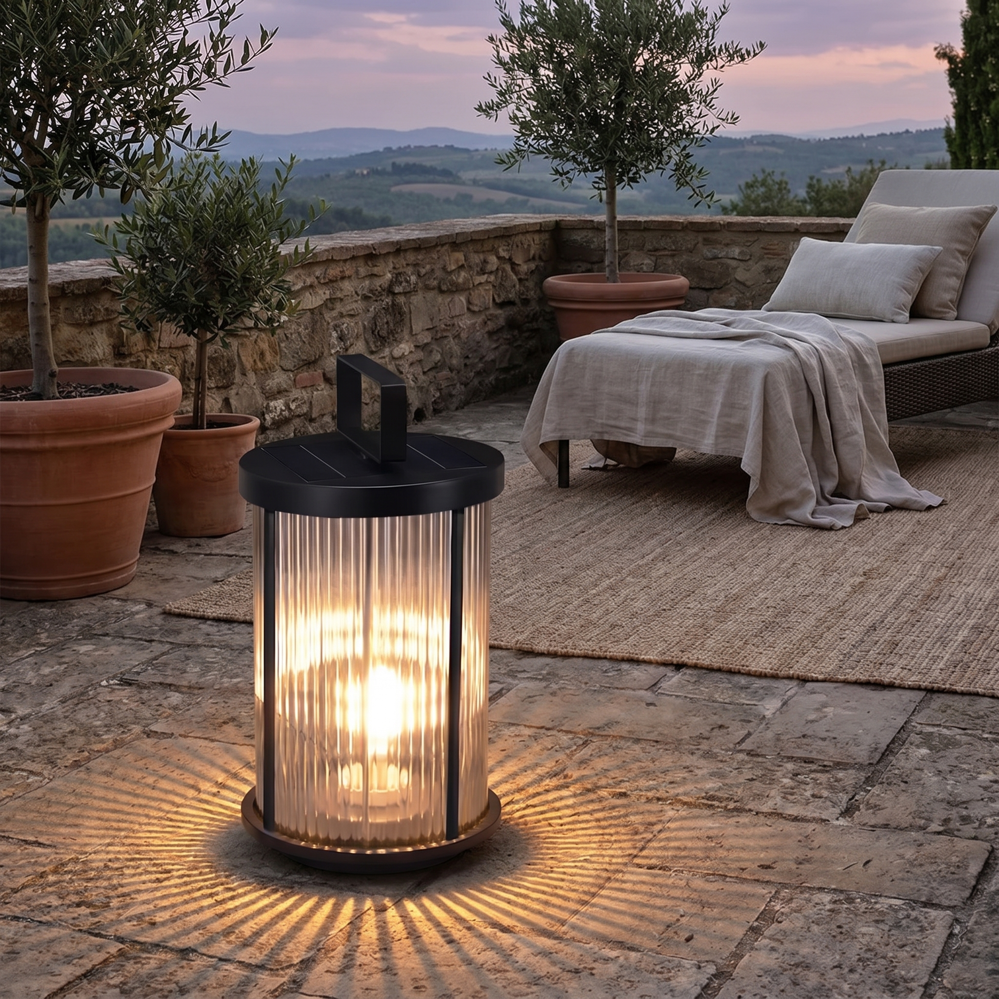 Solar Cylindrical Lantern, Striped Glass and Stainless Steel, IP54, E27