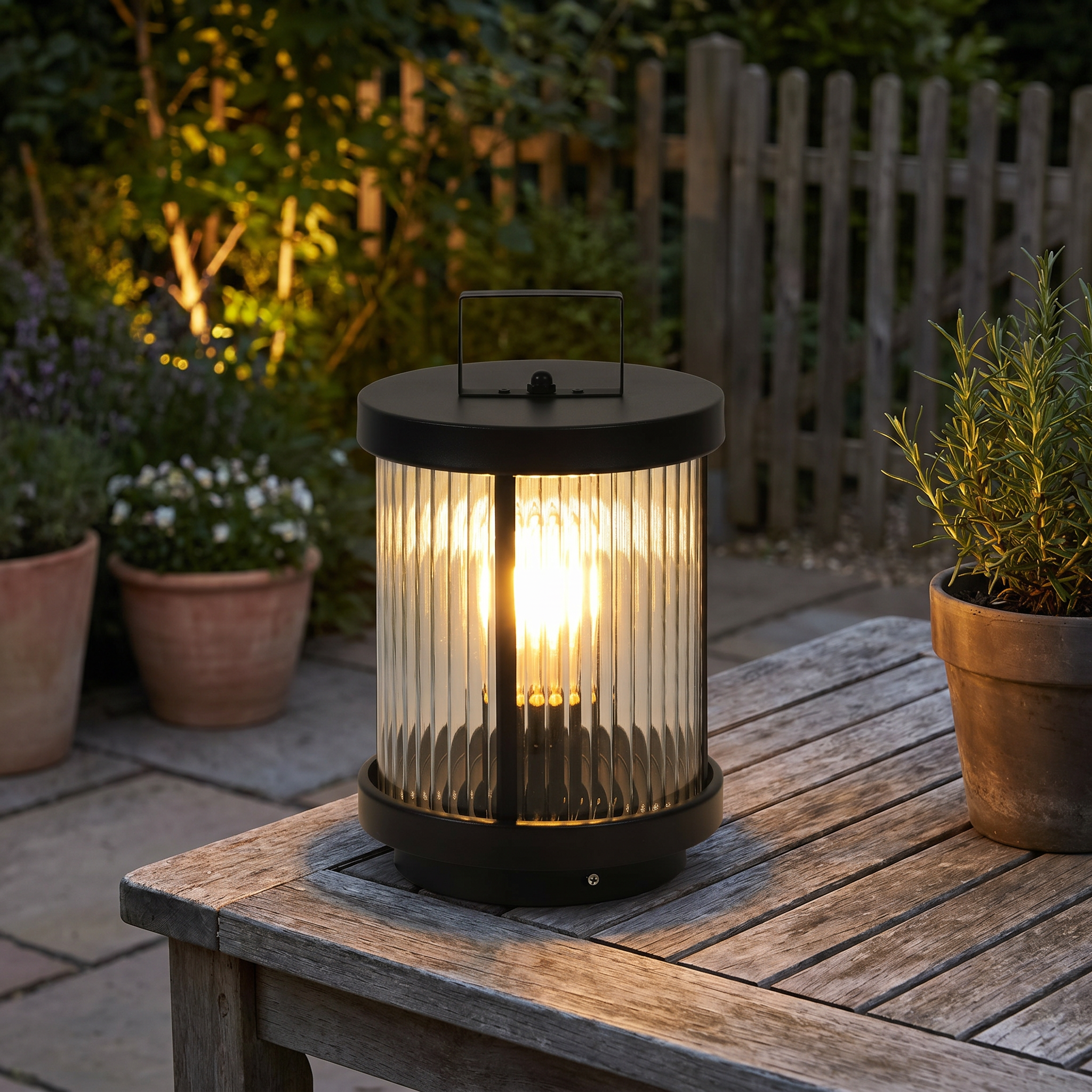 Solar Cylindrical Lantern, Striped Glass and Stainless Steel, IP54, E27