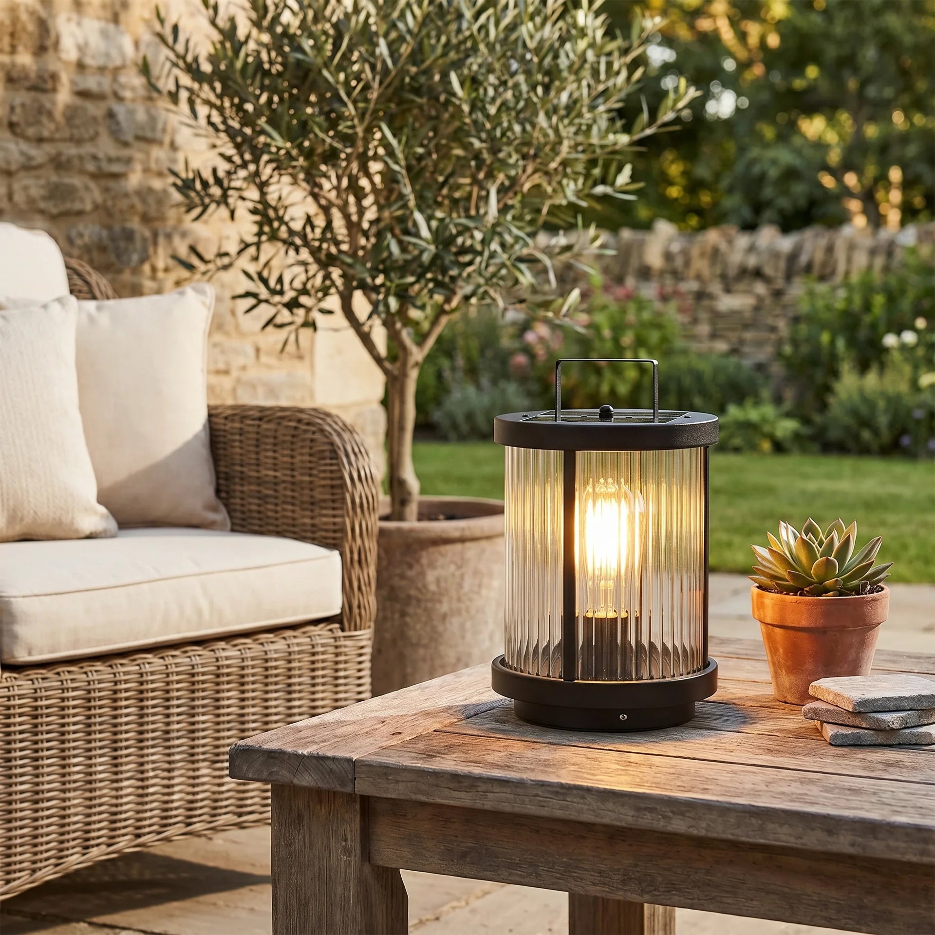 Solar Cylindrical Lantern, Striped Glass and Stainless Steel, IP54, E27
