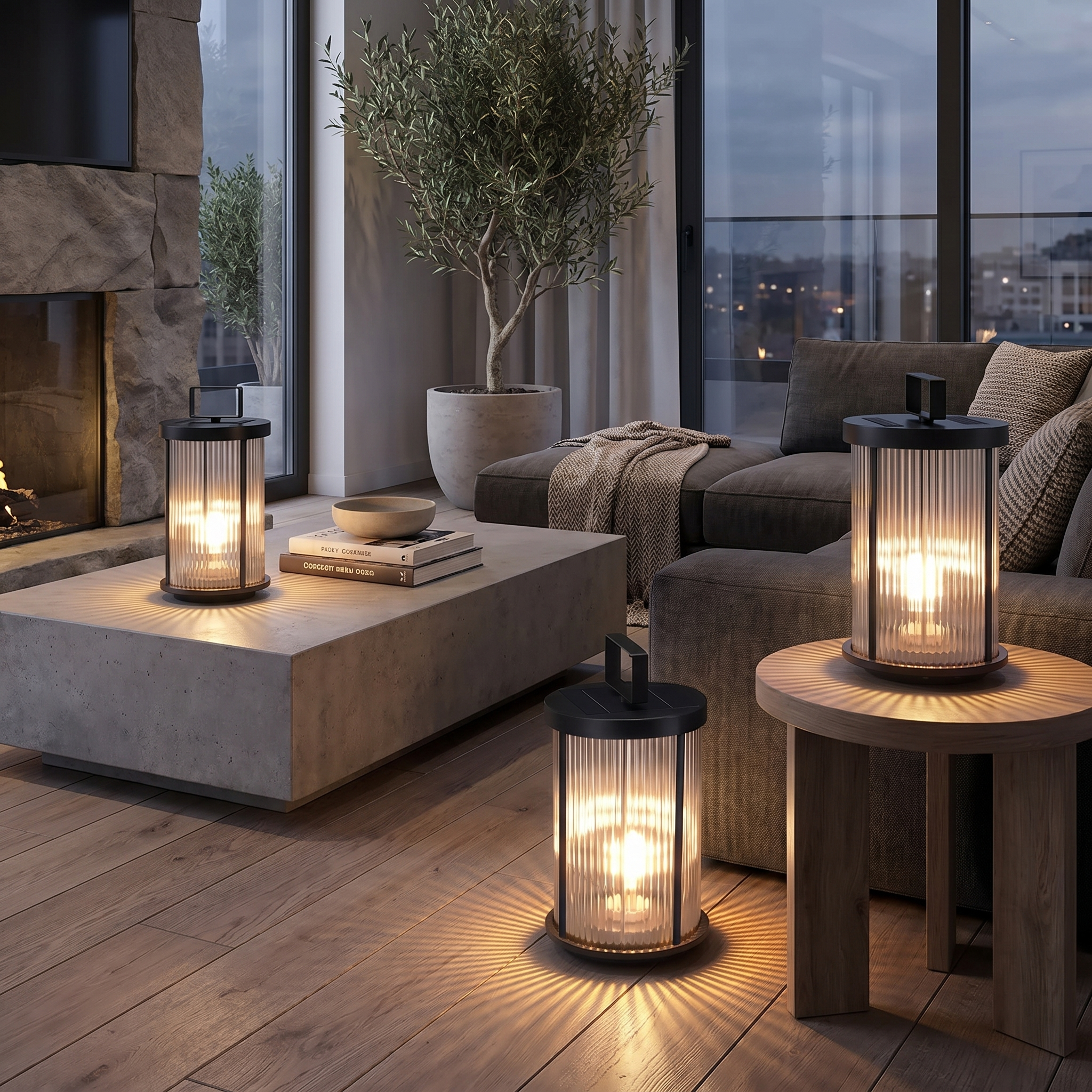 Solar Cylindrical Lantern, Striped Glass and Stainless Steel, IP54, E27