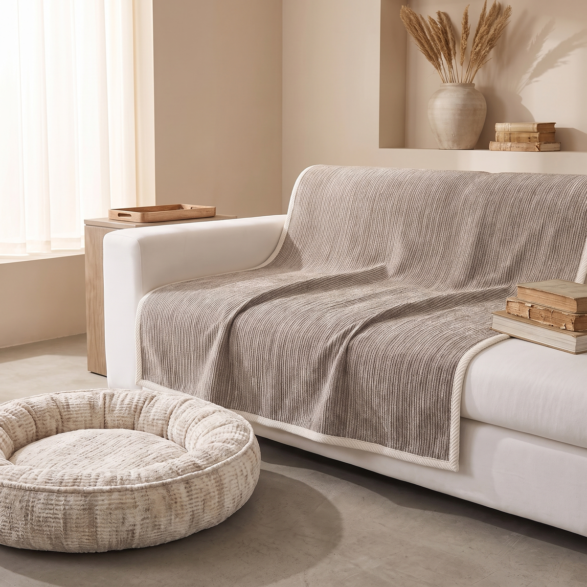 Ribbed sofa cover on a white sofa beside a round pet bed