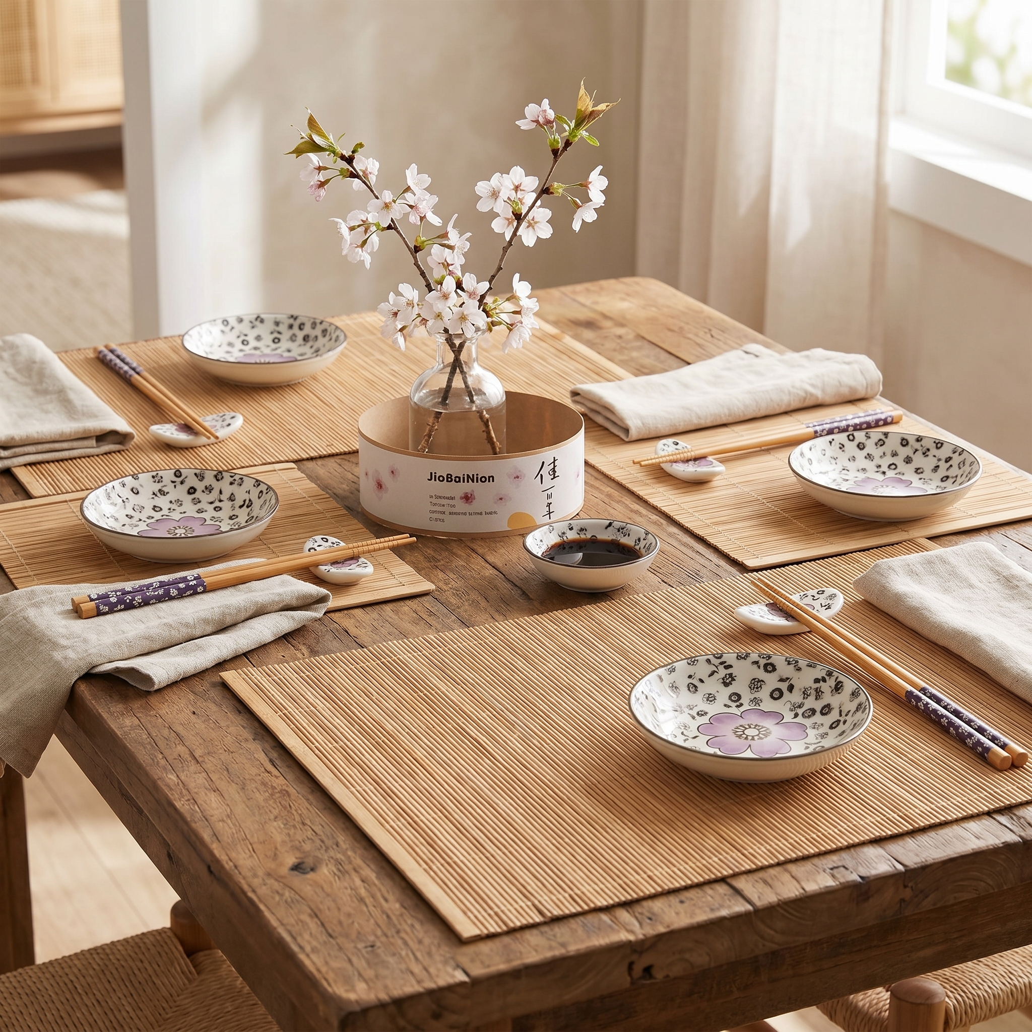 Sushi Dinnerware Set, 12-Piece, Cherry Blossom Ceramic, Gift Box