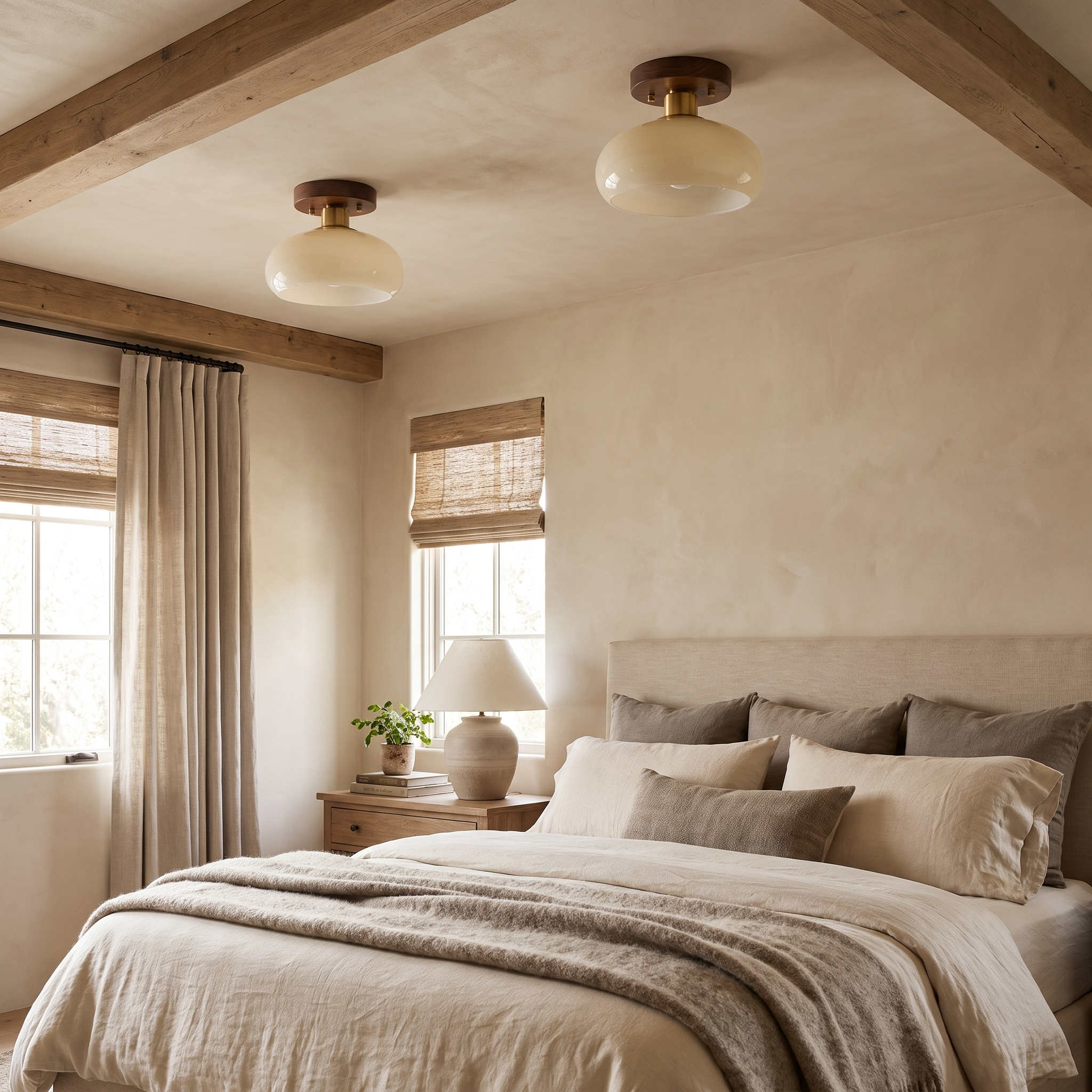 Semi-Flush Ceiling Light, Walnut Copper Glass, Round, 1-Light