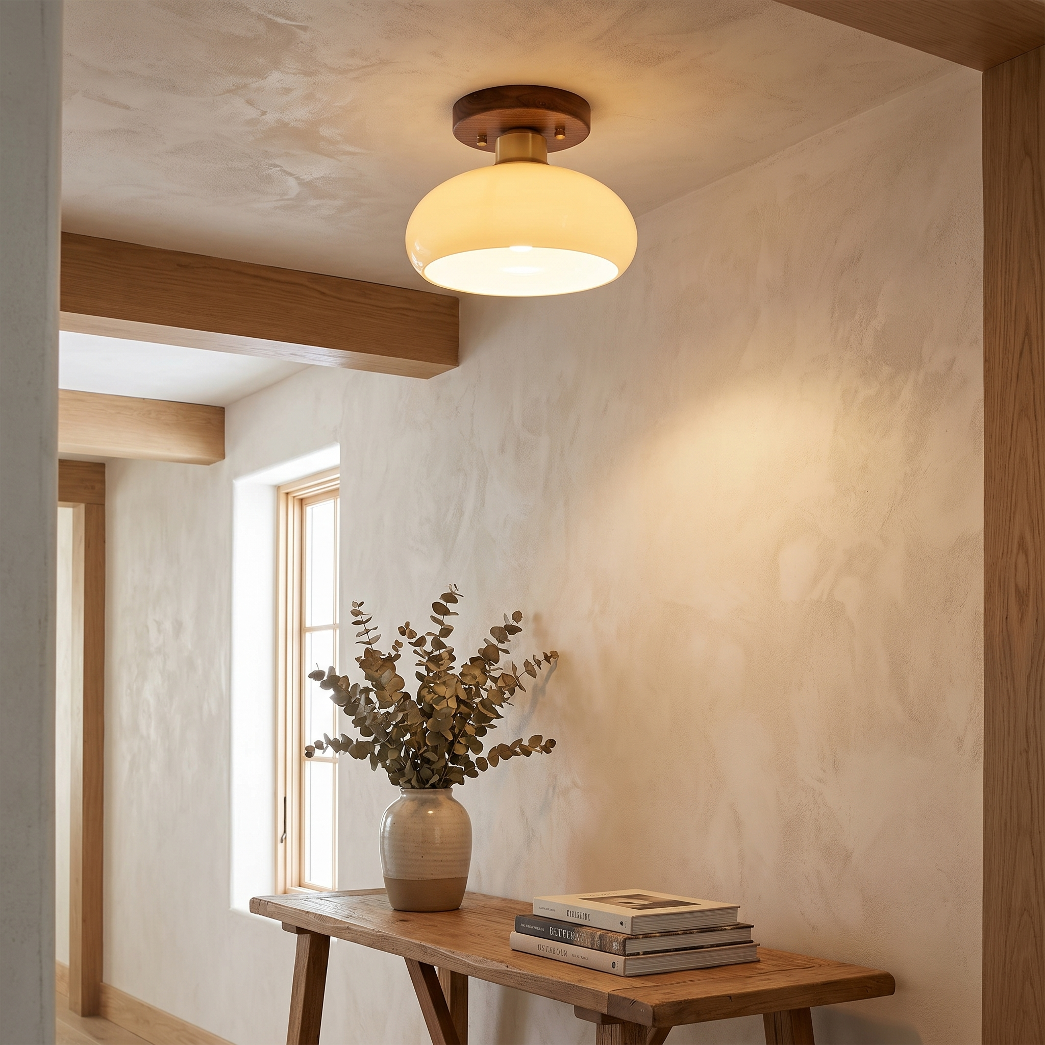 Semi-Flush Ceiling Light, Walnut Copper Glass, Round, 1-Light