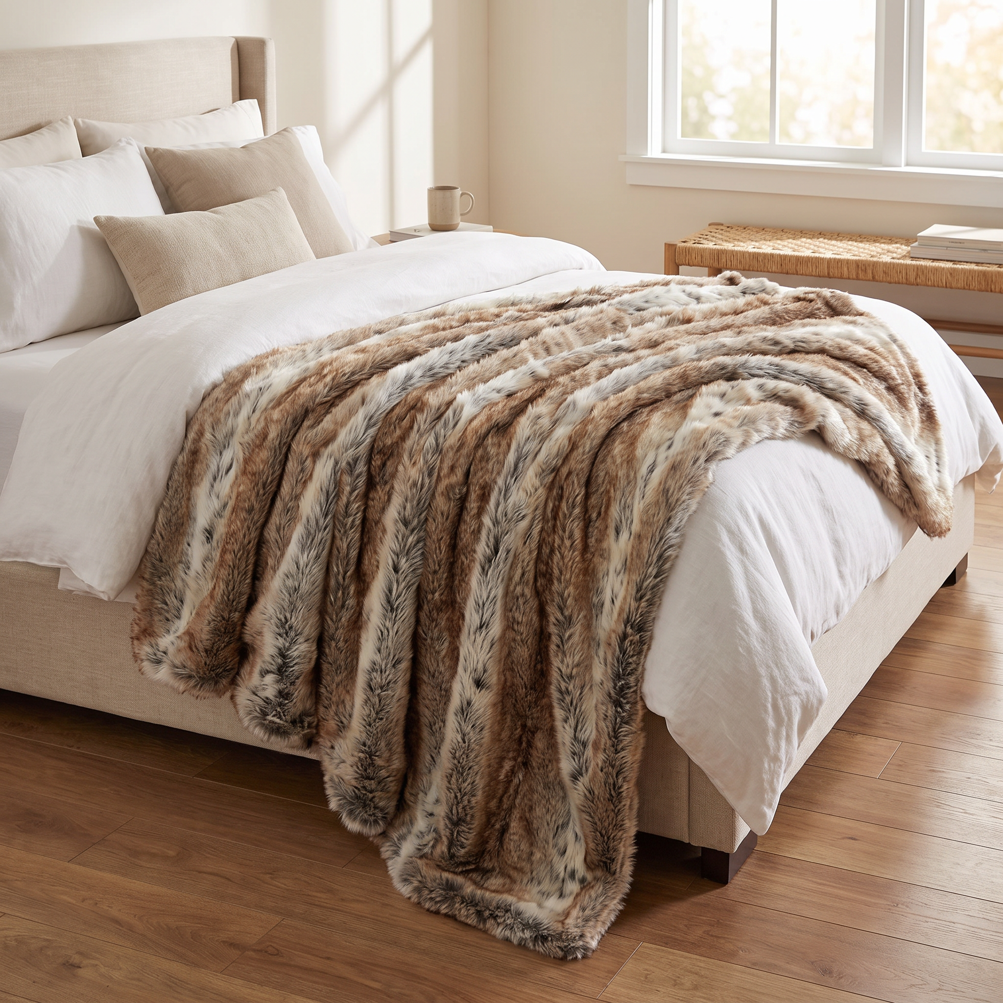 Scandinavian Faux Fur Throw Blanket, Mink, 60 x 80 inches