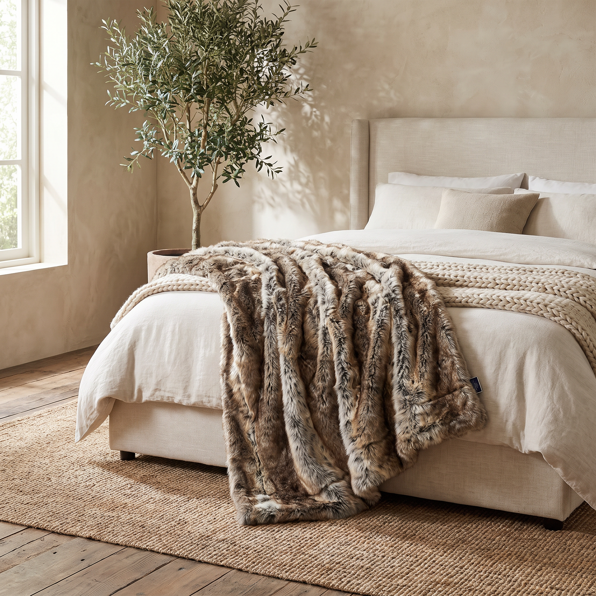 Scandinavian Faux Fur Throw Blanket, Mink, 60 x 80 inches