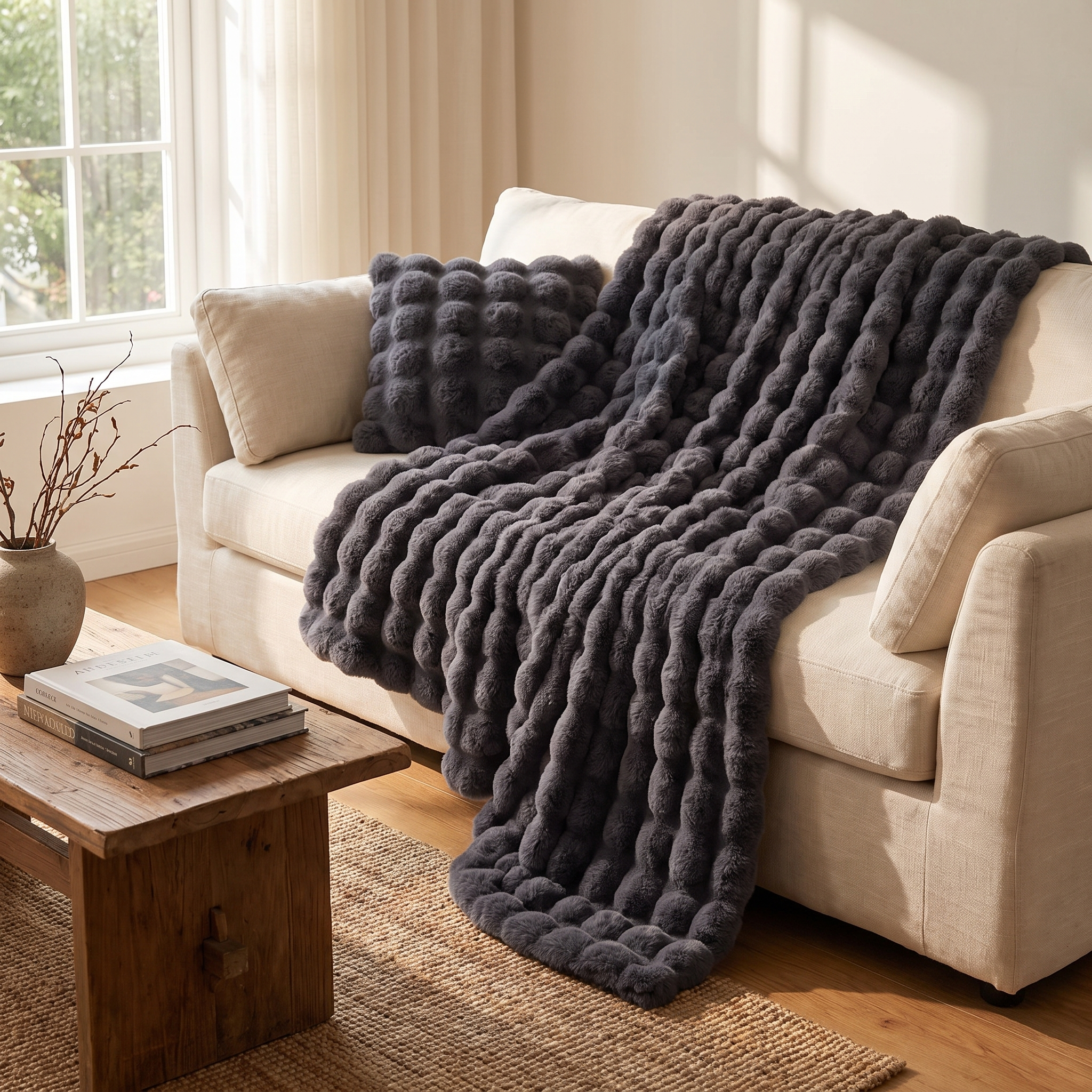 Scandinavian Faux Fur Throw Blanket, 63 x 79 in, Plush