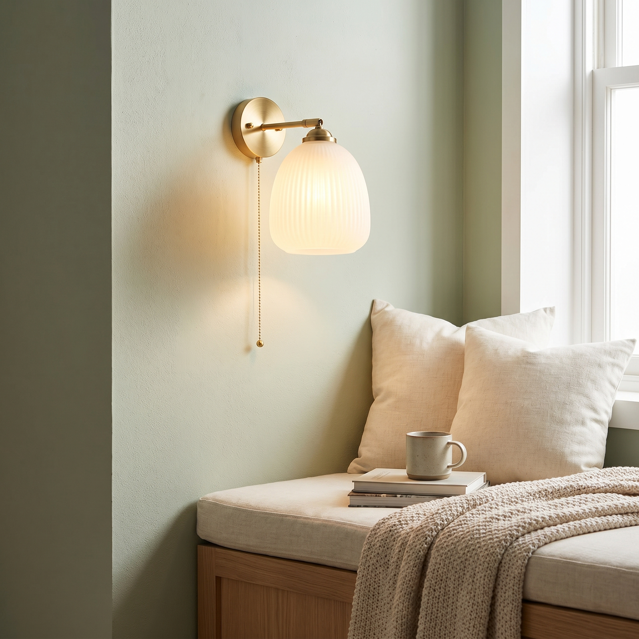 Striped Glass Brass Wall Sconce, Pull Cord, E26, Three Designs, 100-240V