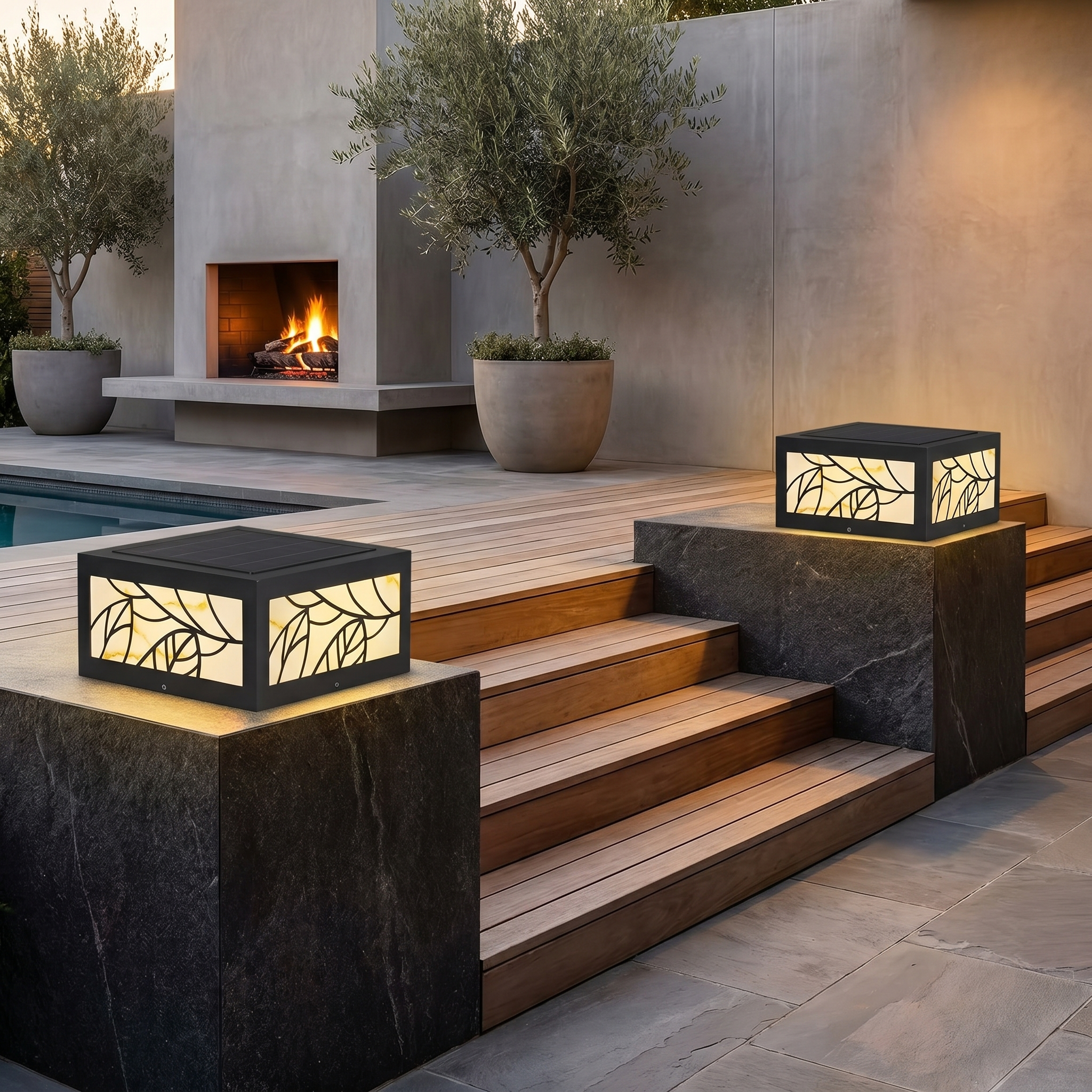 Square Gate Pillar Light, Stainless Steel and Marble, IP65, Solar or Hardwired