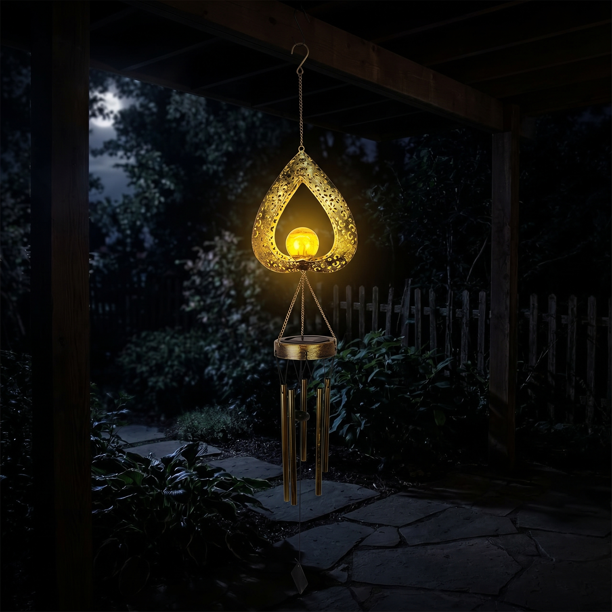 Solar Hanging Garden Light, Iron Heart and Wind Chime, IP65, Warm White