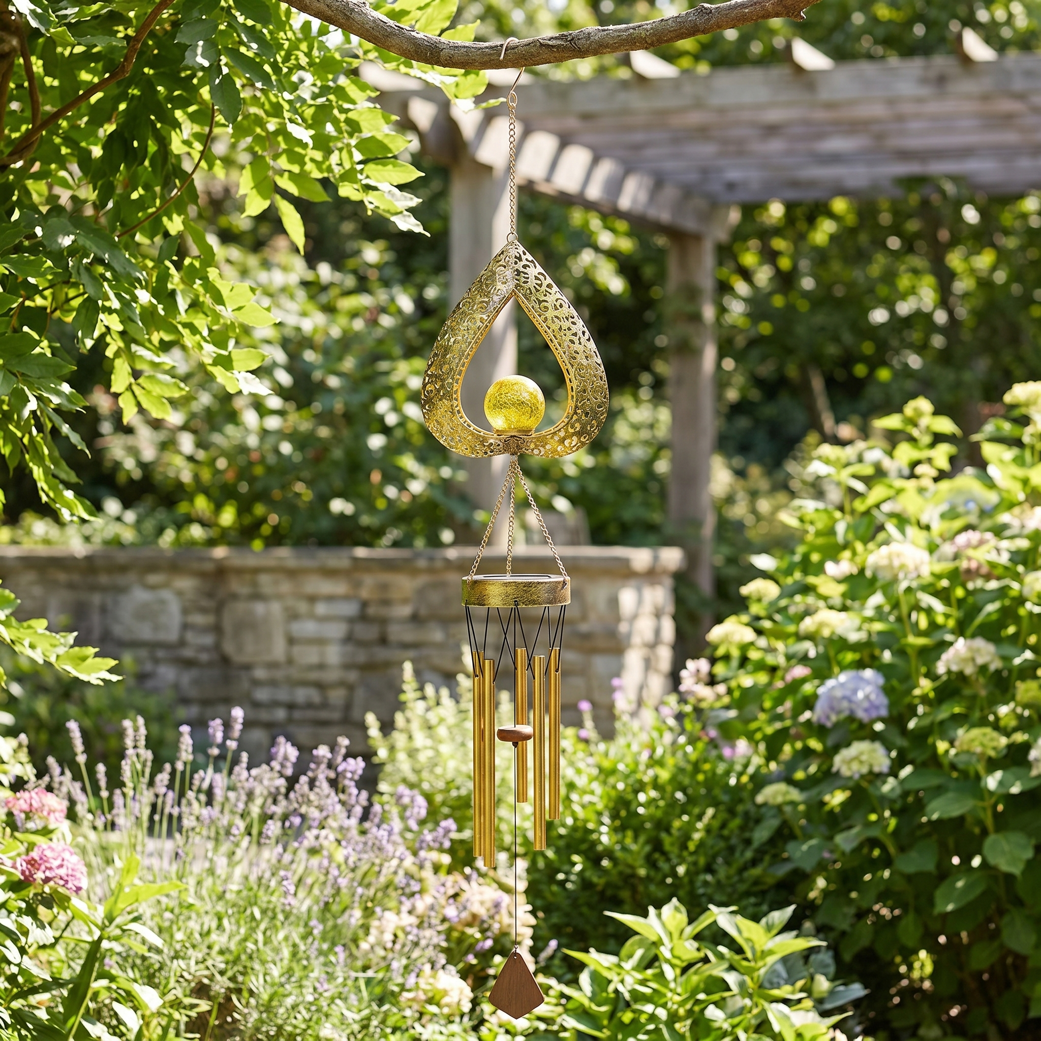 Solar Hanging Garden Light, Iron Heart and Wind Chime, IP65, Warm White