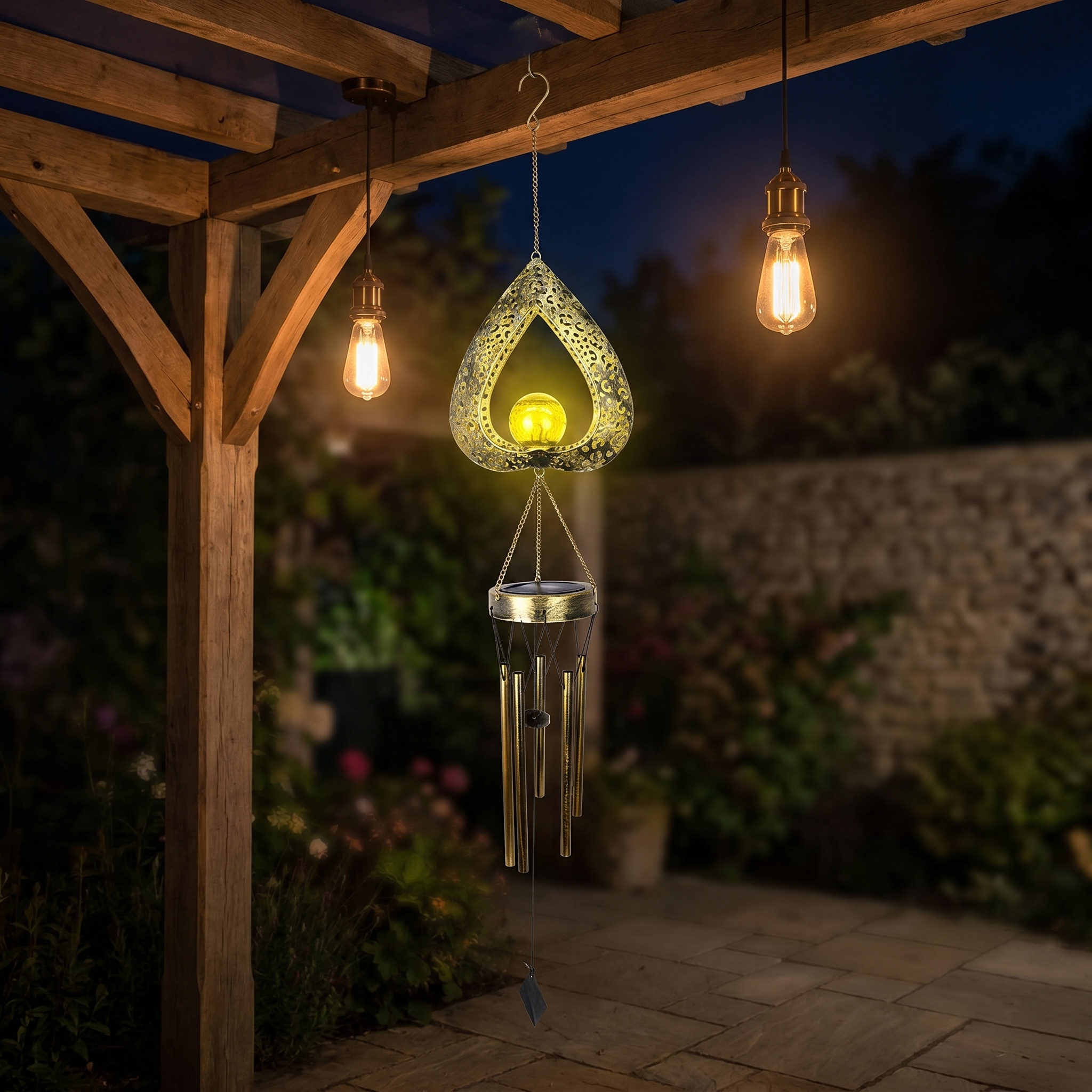 Solar Hanging Garden Light, Iron Heart and Wind Chime, IP65, Warm White