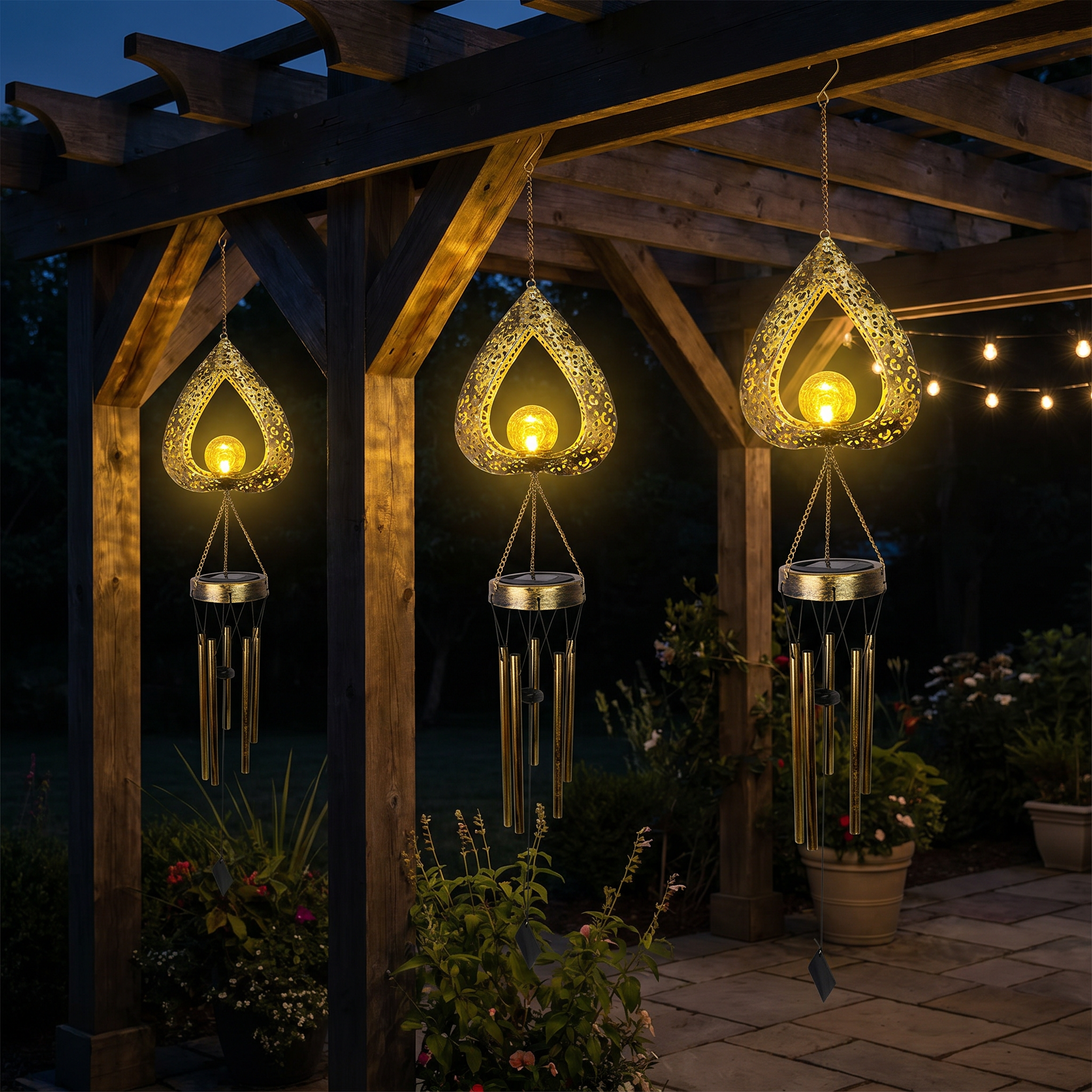 Solar Hanging Garden Light, Iron Heart and Wind Chime, IP65, Warm White