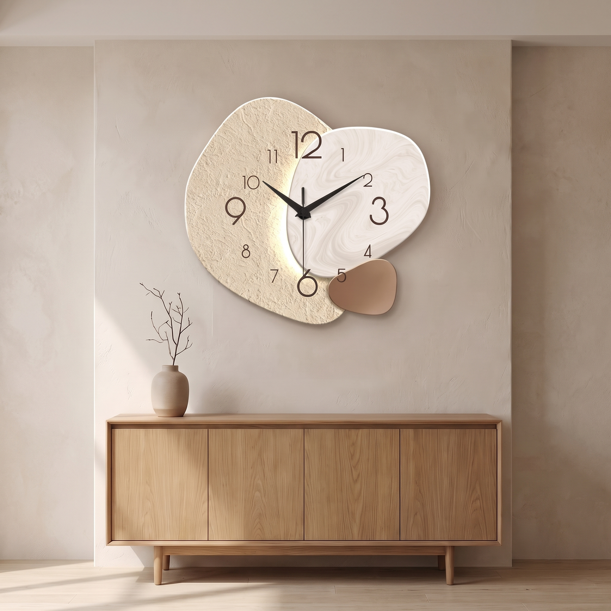 Skien pebble shaped wall clock above an oak sideboard