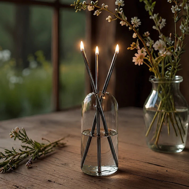 Skive silver oil candles beside a vase of wildflowers