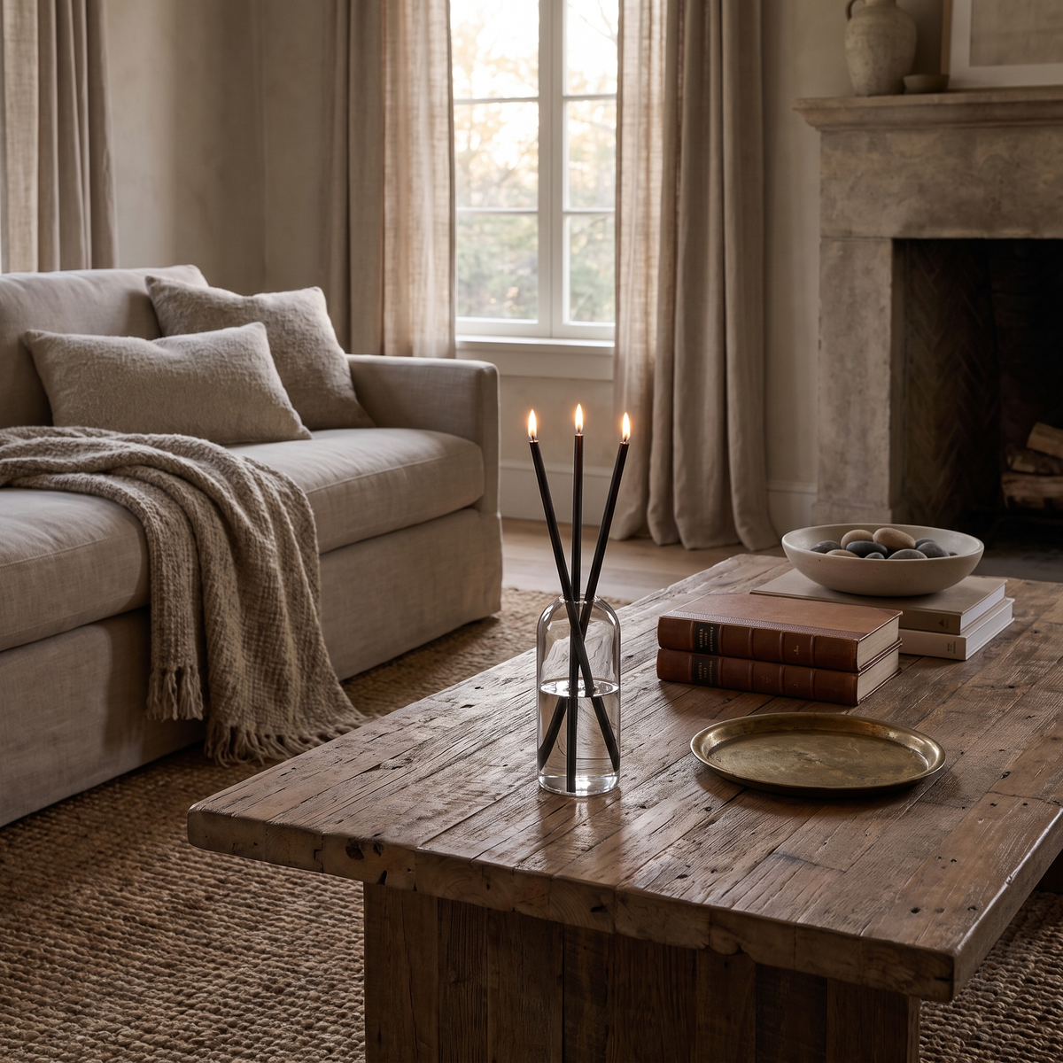 Skive oil candles lit on a coffee table at dusk